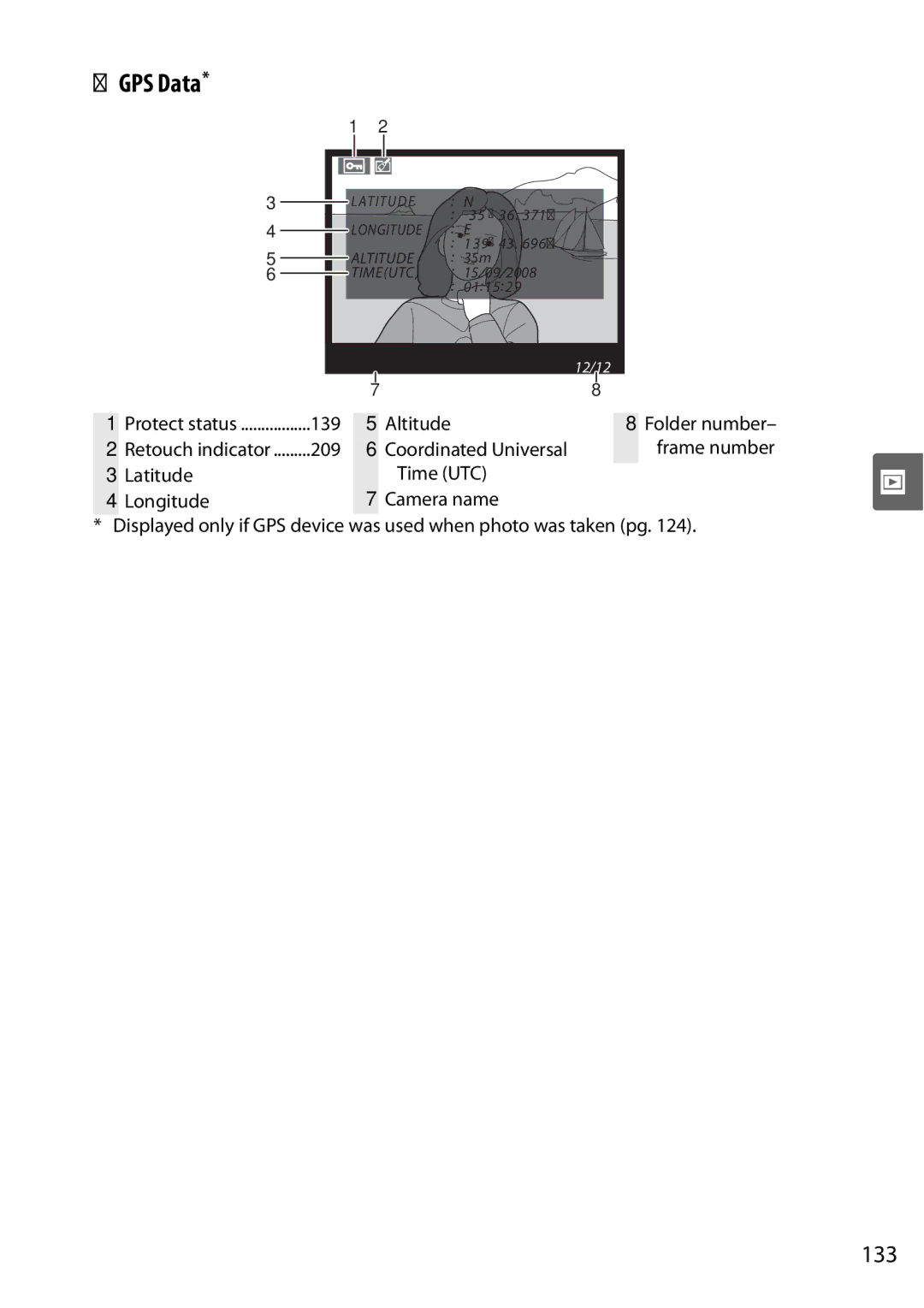 Nikon D90 user manual GPS Data, 133 