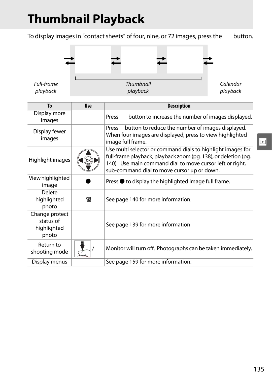 Nikon D90 user manual Thumbnail Playback, 135 