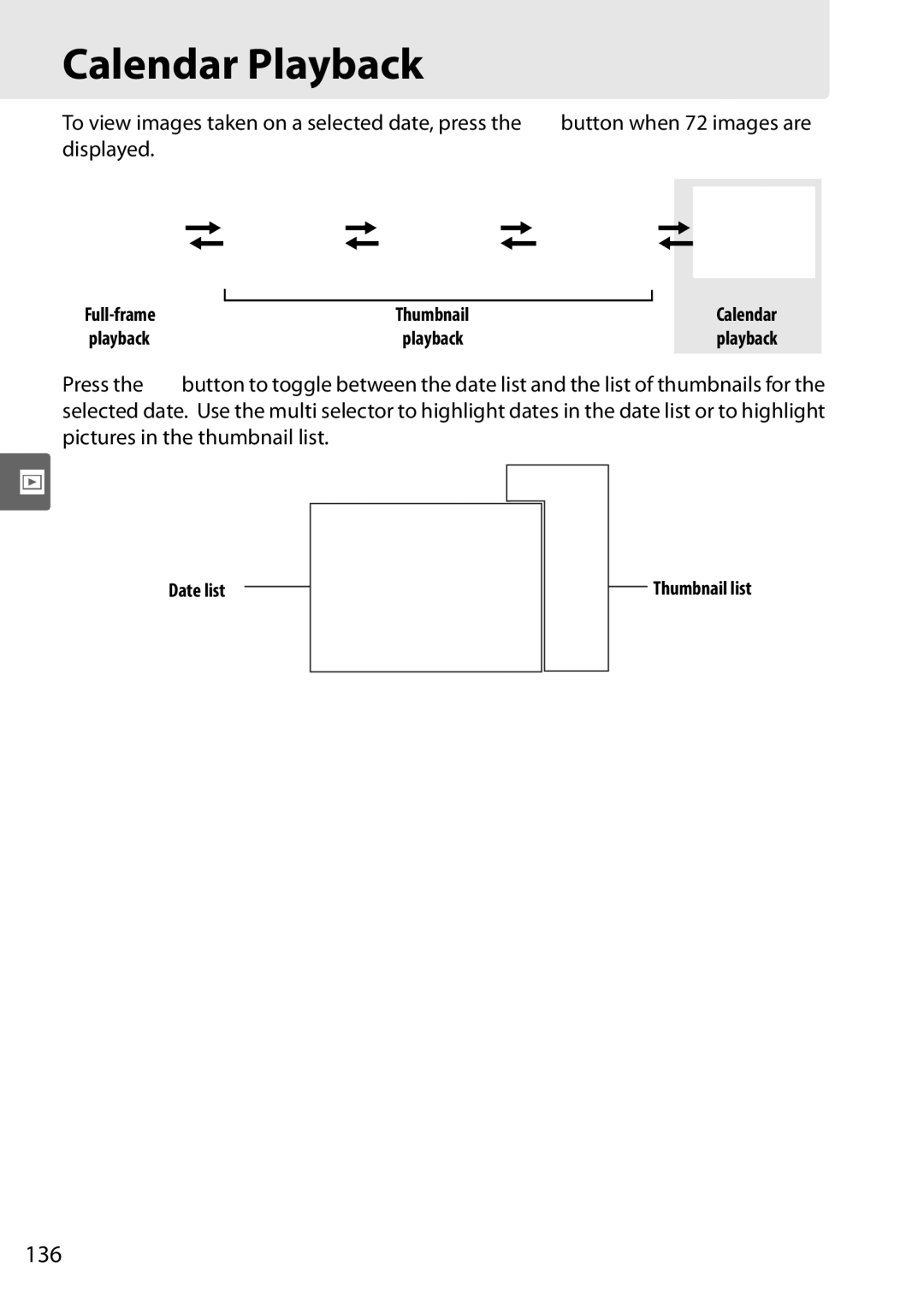 Nikon D90 user manual Calendar Playback, 136 