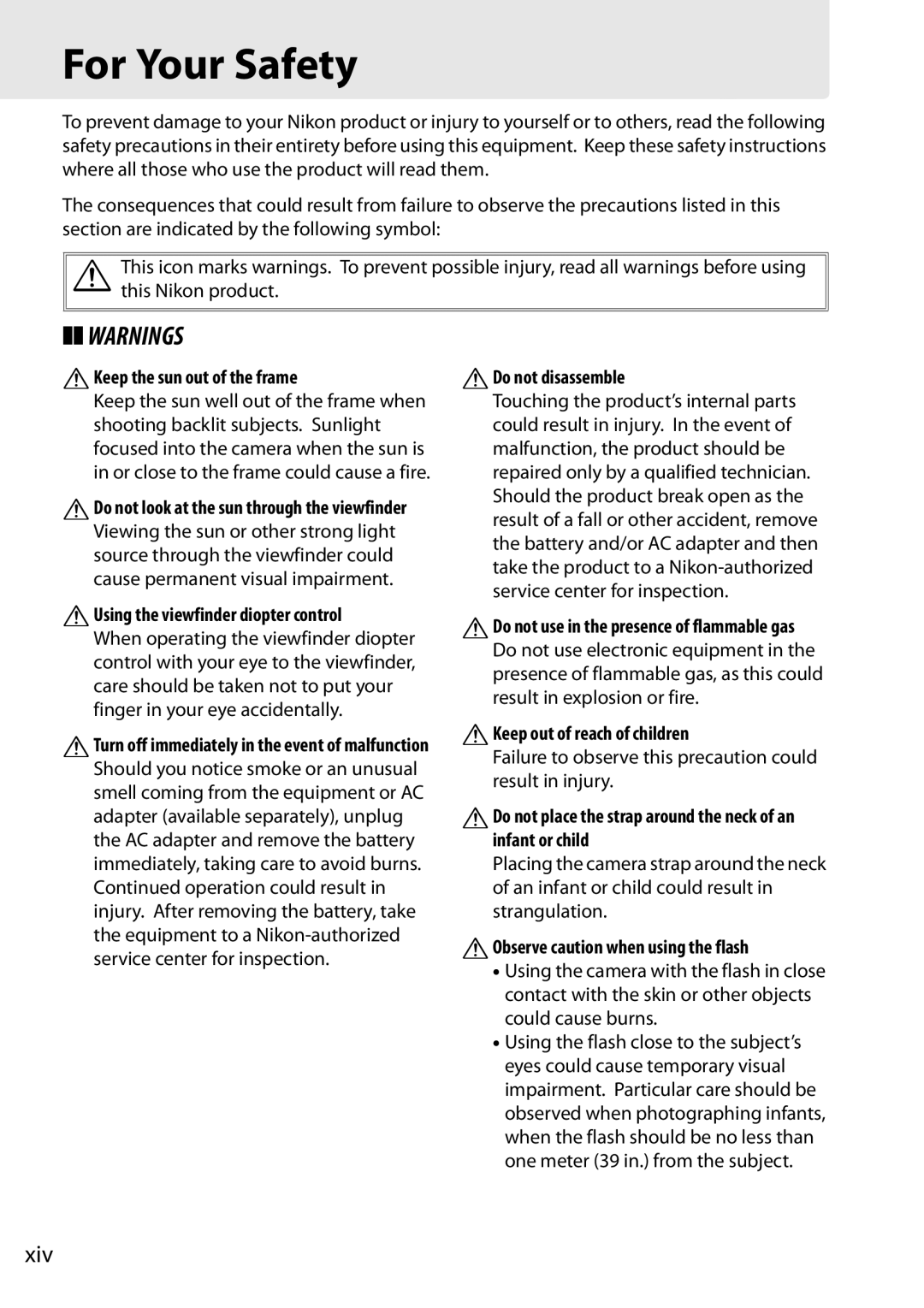 Nikon D90 user manual For Your Safety, Xiv 