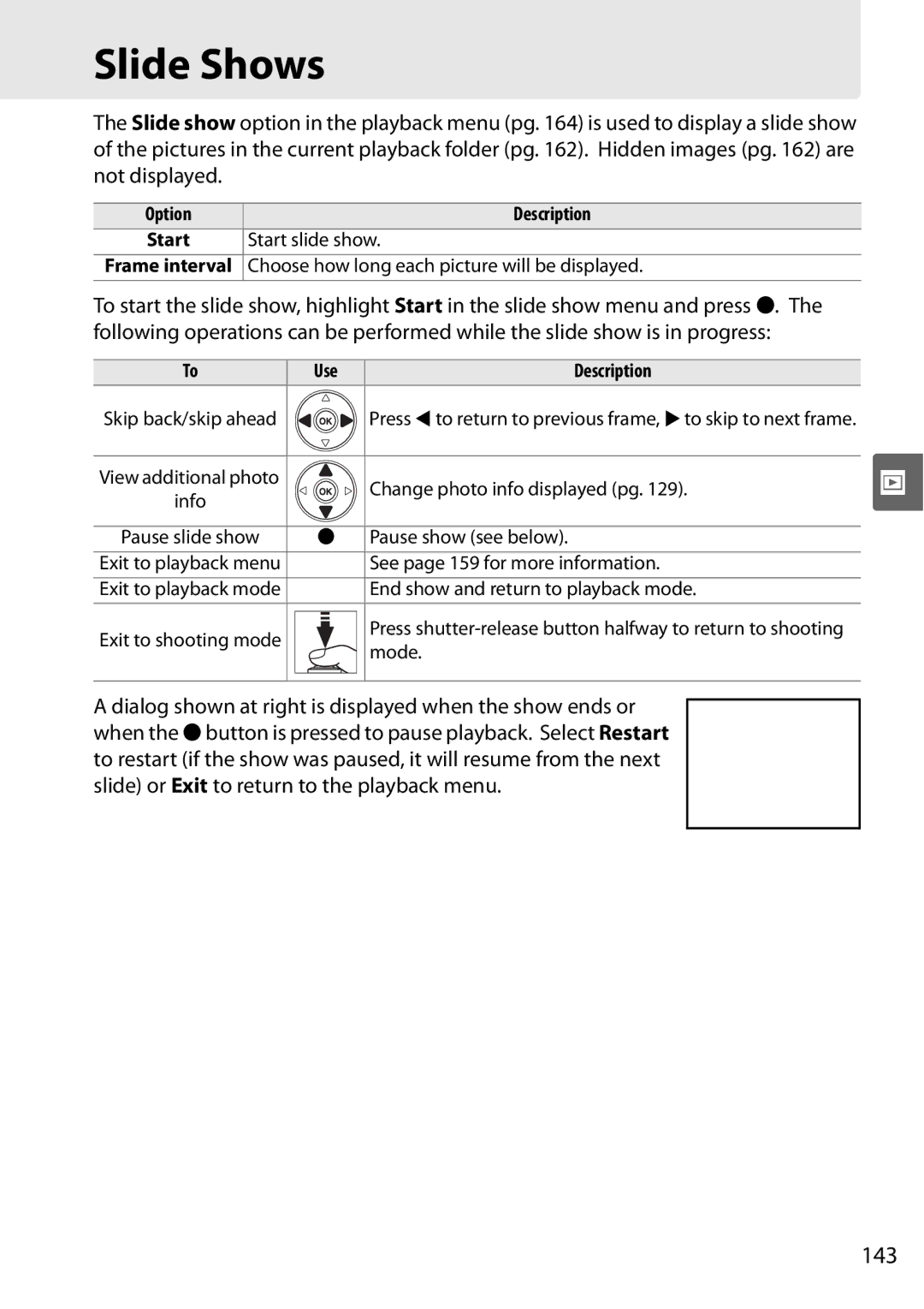 Nikon D90 user manual Slide Shows, 143, Start slide show, Choose how long each picture will be displayed 