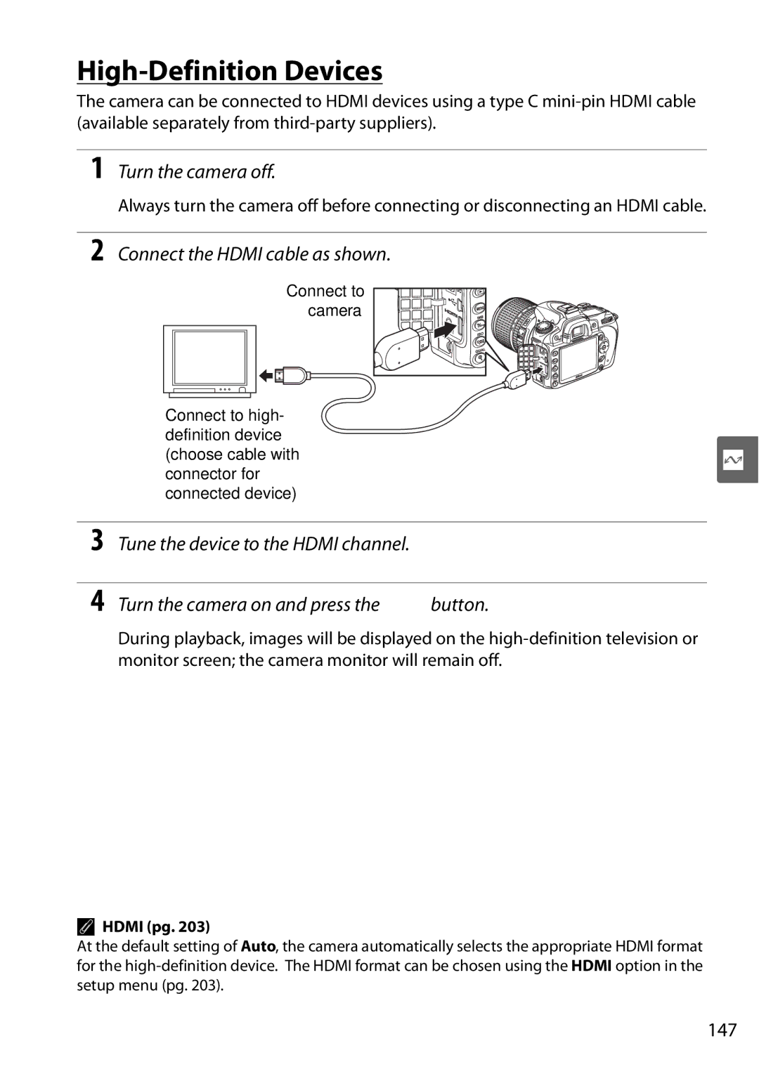 Nikon D90 user manual High-Definition Devices, Connect the Hdmi cable as shown, 147, Hdmi pg 