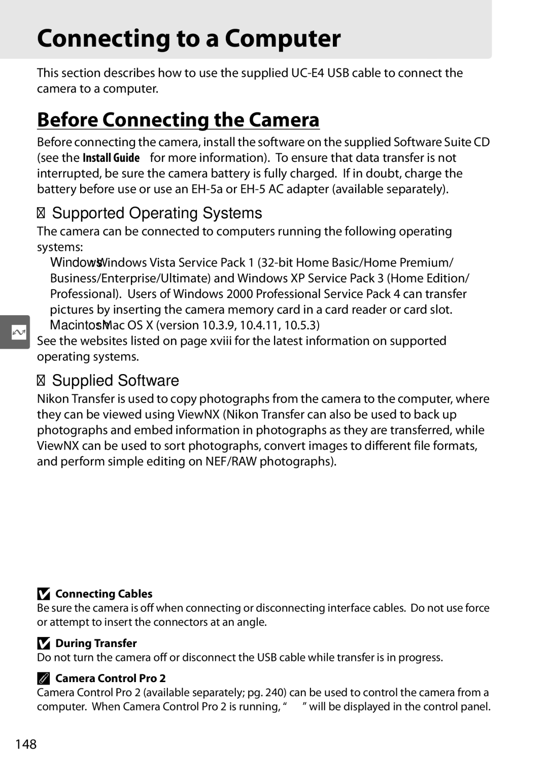 Nikon D90 Connecting to a Computer, Before Connecting the Camera, Supported Operating Systems, Supplied Software, 148 