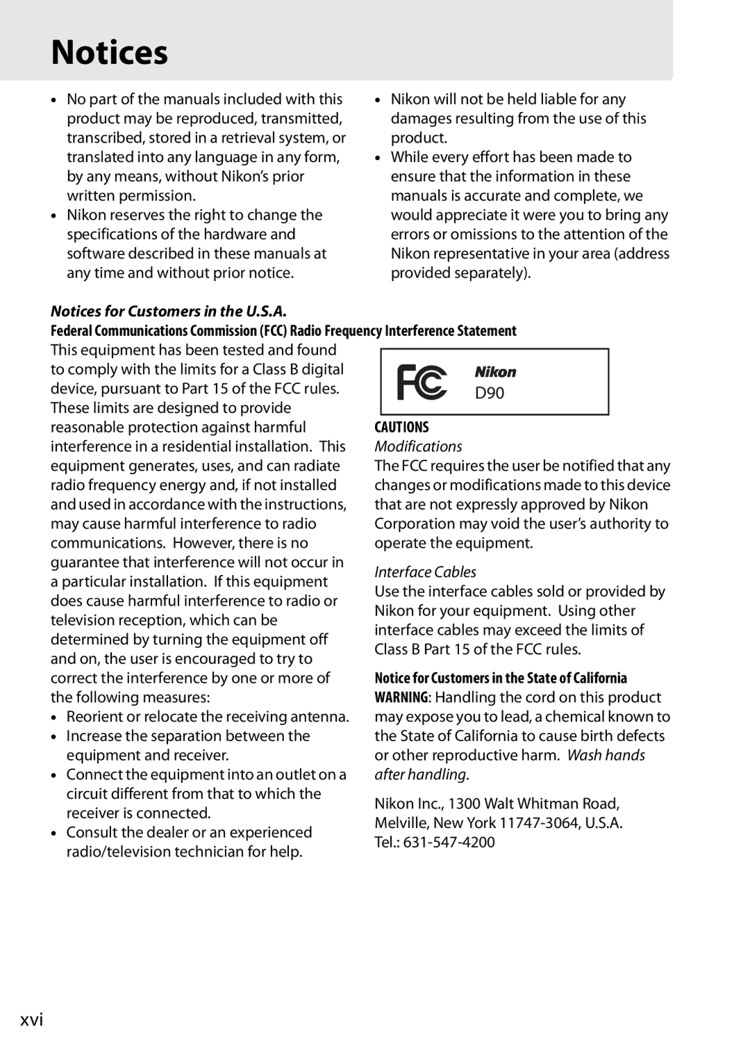 Nikon D90 user manual Xvi 