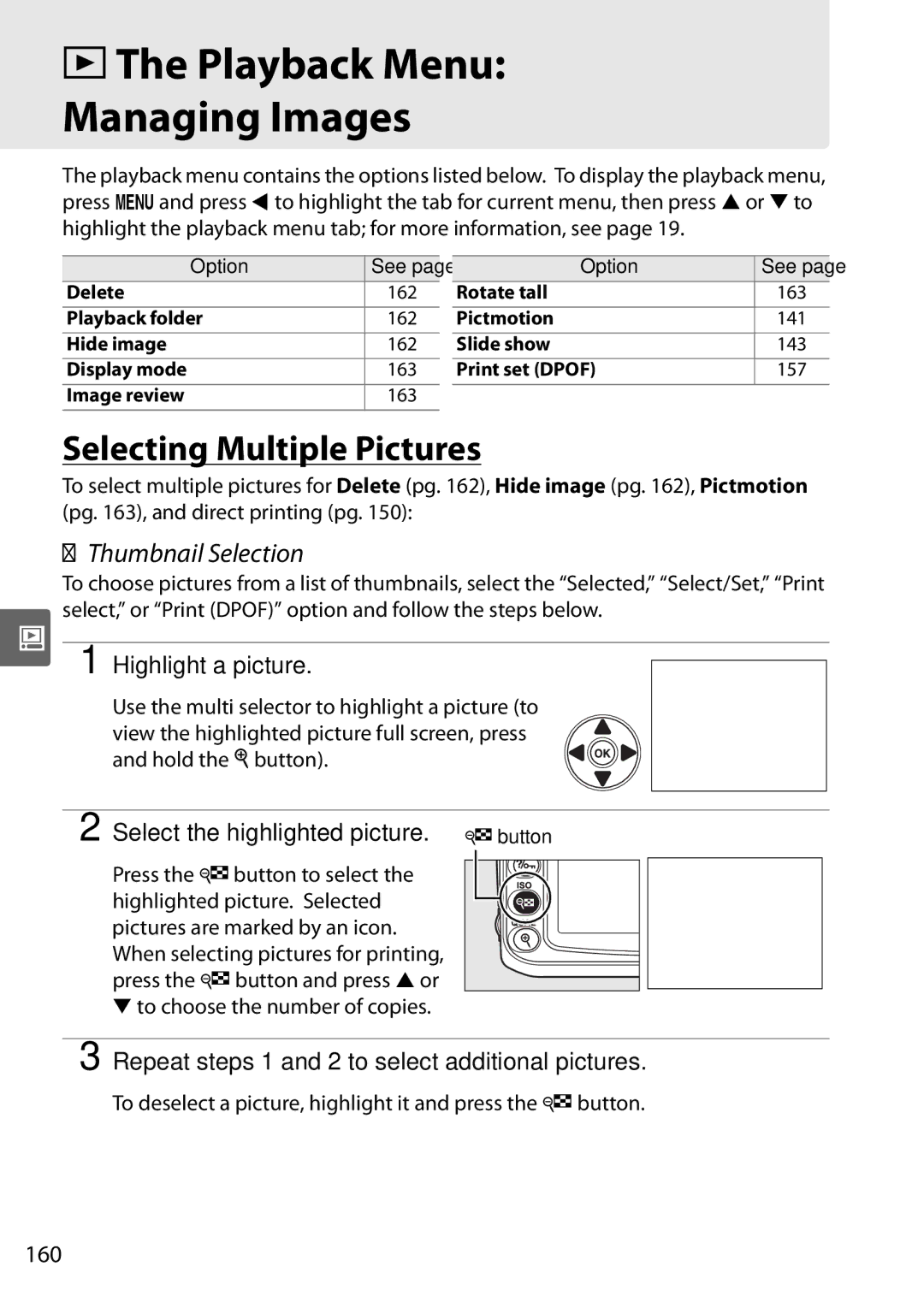 Nikon D90 user manual DThe Playback Menu Managing Images, Selecting Multiple Pictures, Thumbnail Selection 