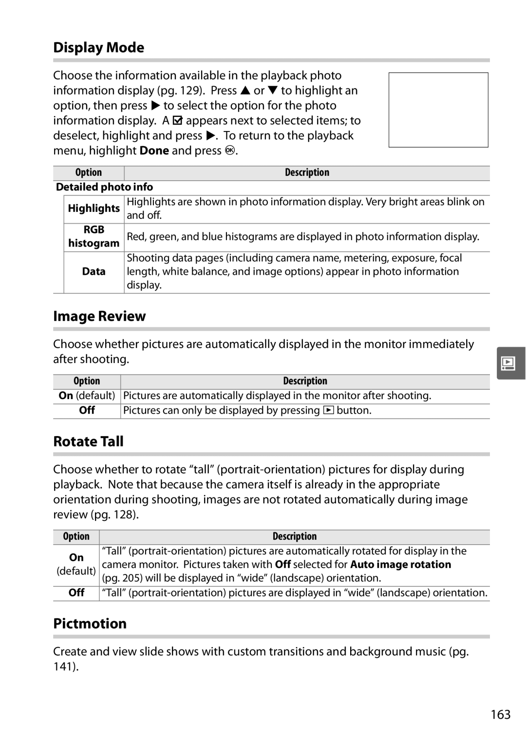 Nikon D90 user manual Display Mode, Image Review, Rotate Tall, Pictmotion, 163 