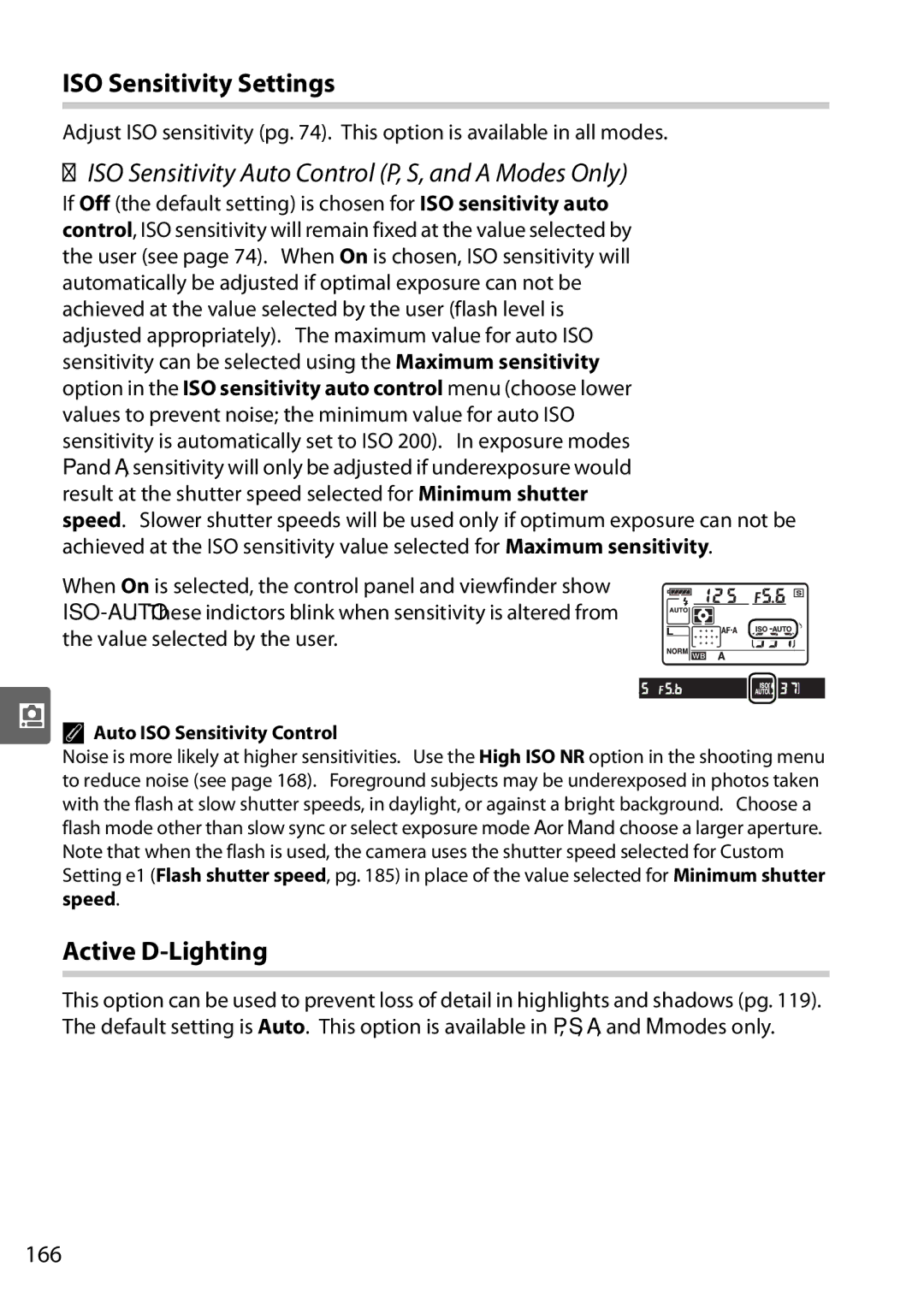 Nikon D90 user manual ISO Sensitivity Settings, ISO Sensitivity Auto Control P, S, and a Modes Only, Active D-Lighting, 166 