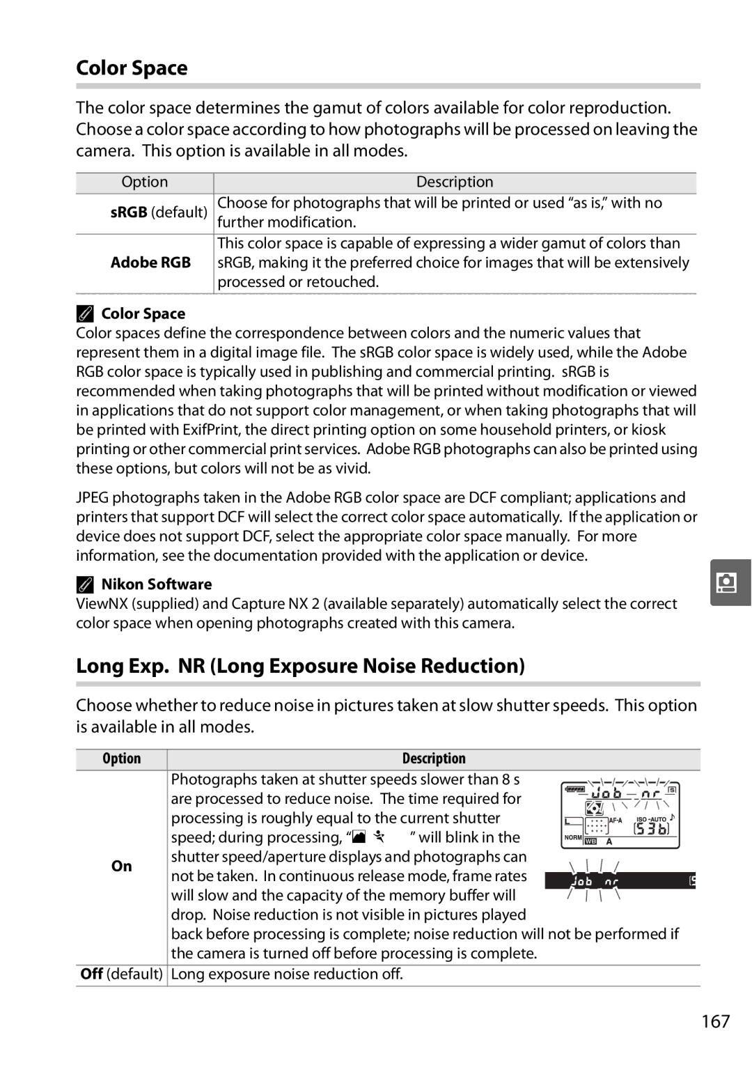 Nikon D90 user manual Color Space, Long Exp. NR Long Exposure Noise Reduction, 167, XAdobe RGB, Nikon Software 