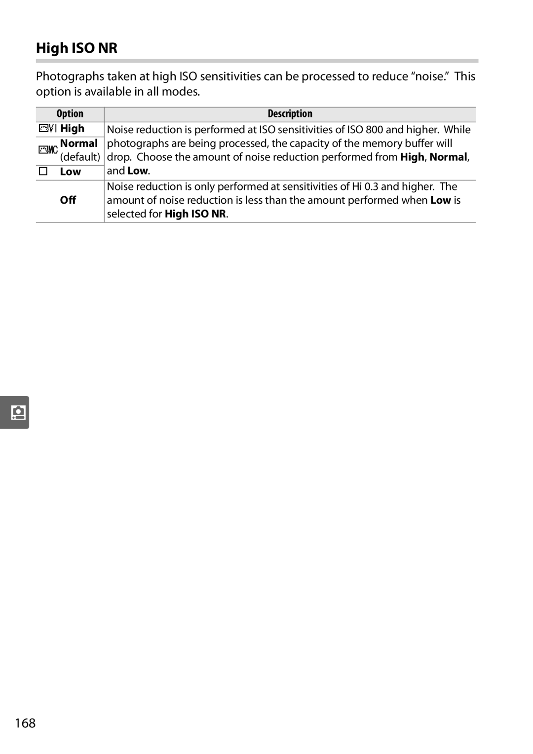 Nikon D90 user manual High ISO NR, 168, Option Description High, Low 