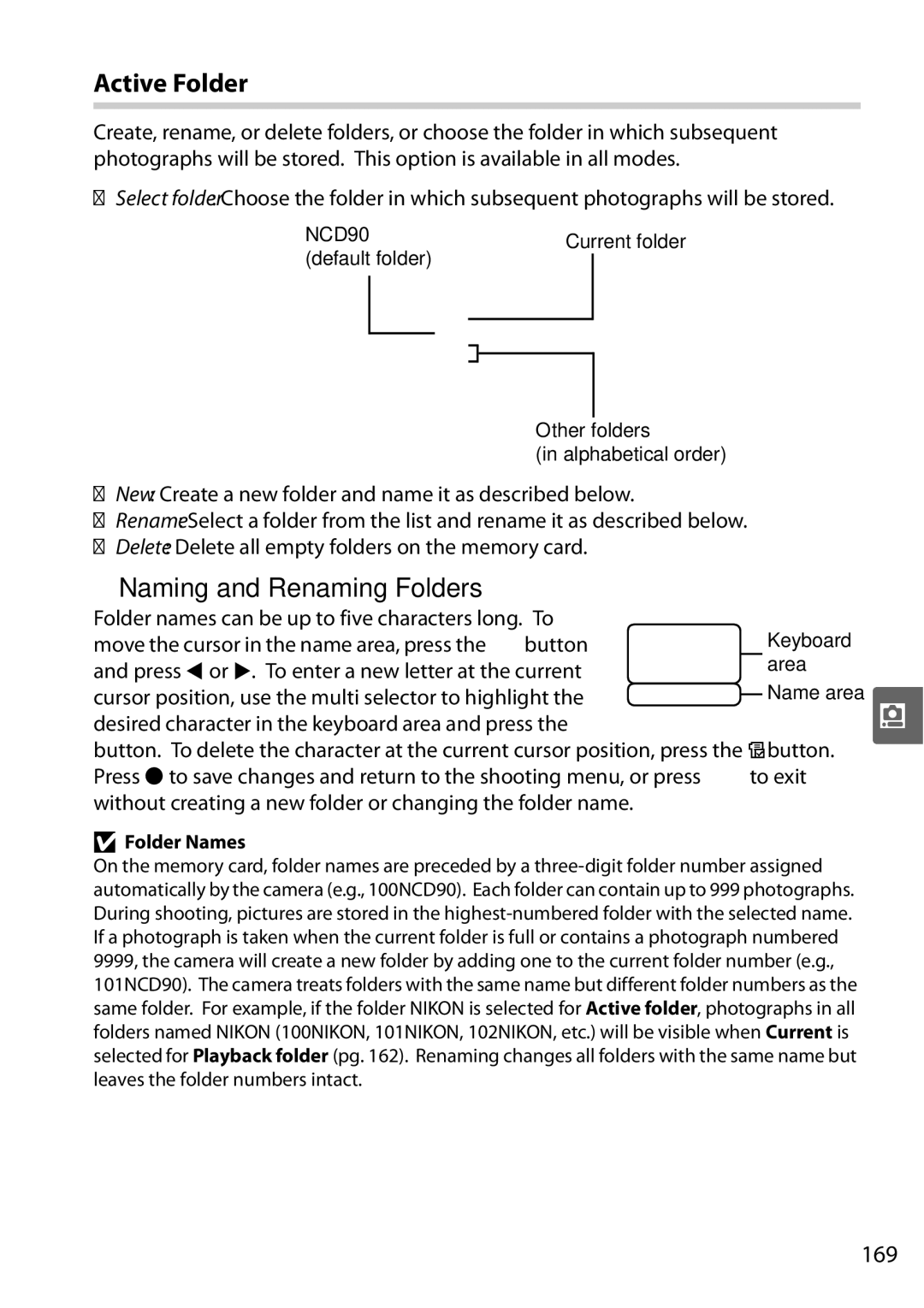 Nikon D90 user manual Active Folder, Naming and Renaming Folders, 169, Folder names can be up to five characters long. To 