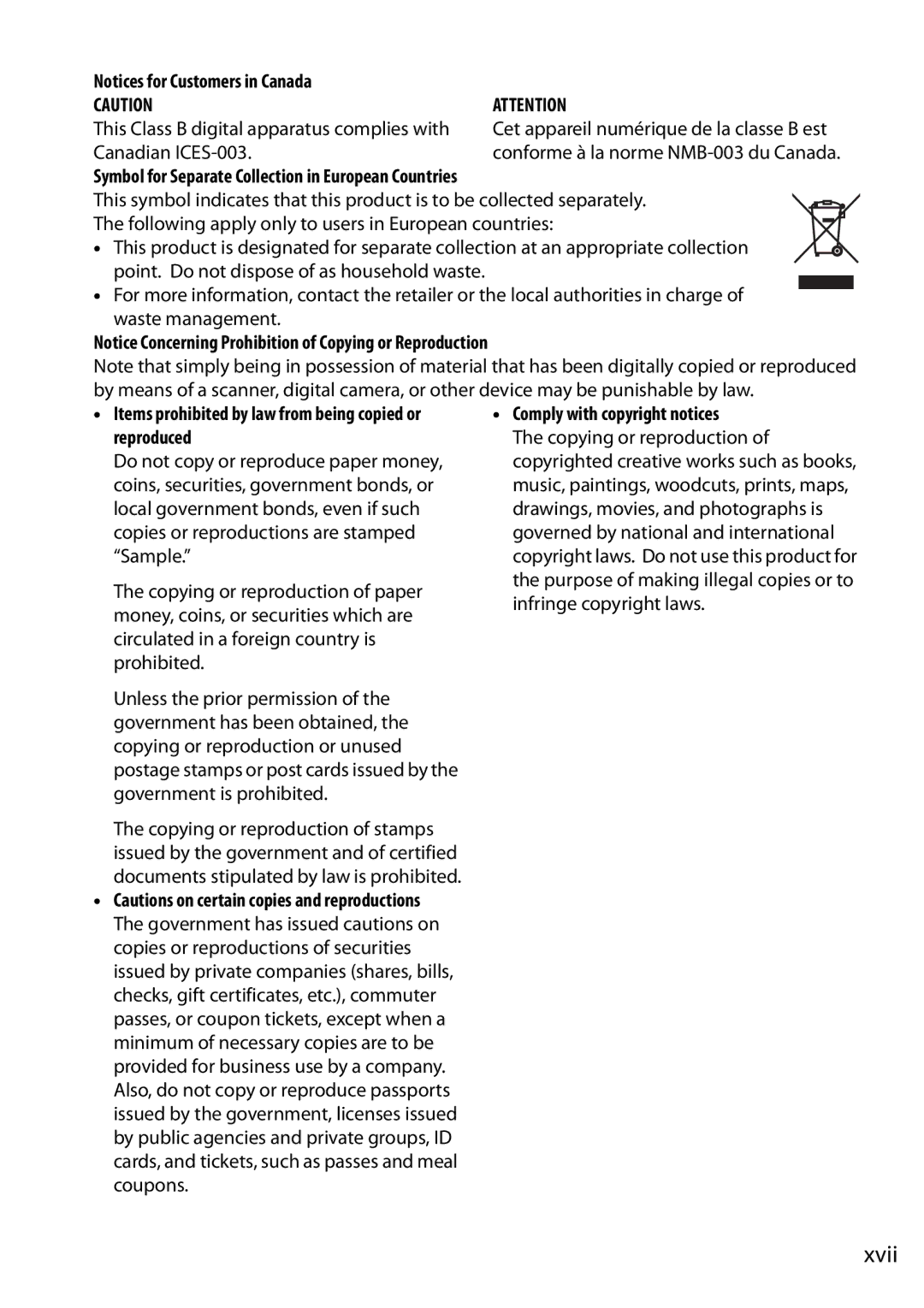 Nikon D90 user manual Xvii, Symbol for Separate Collection in European Countries, Comply with copyright notices, Reproduced 