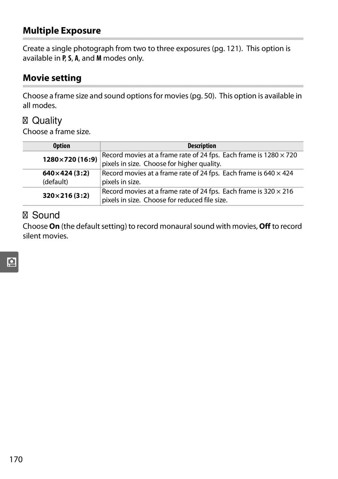 Nikon D90 user manual Multiple Exposure, Movie setting, Quality, Sound, 170 