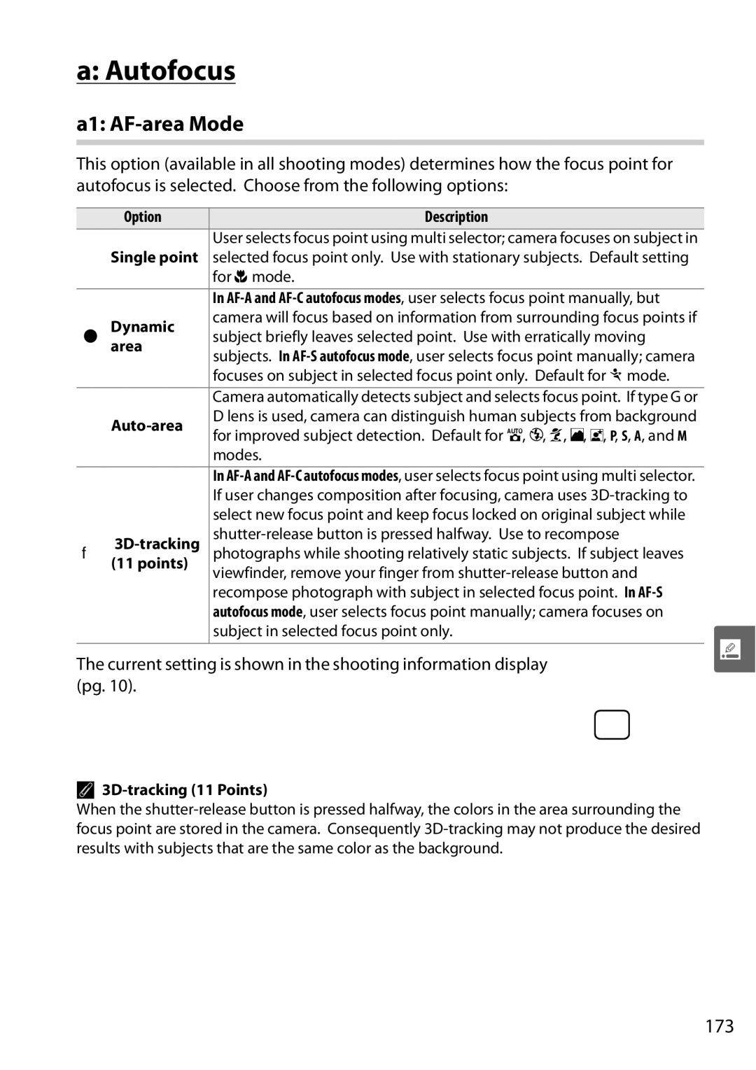 Nikon D90 user manual A1 AF-area Mode, 173 