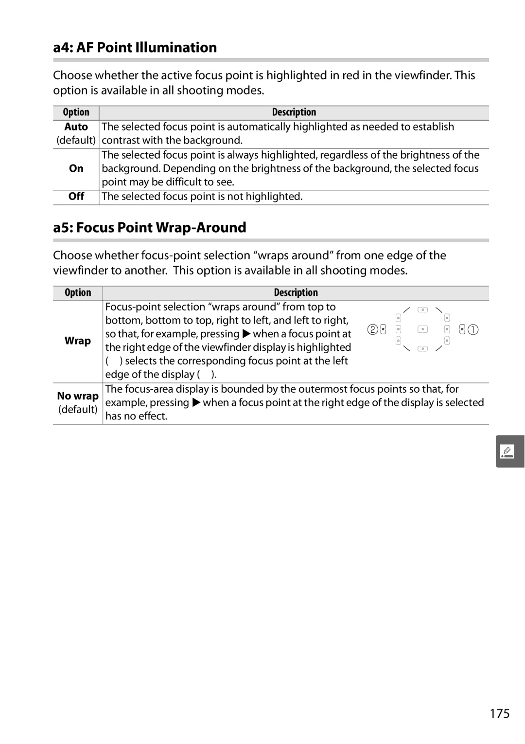 Nikon D90 user manual A4 AF Point Illumination, A5 Focus Point Wrap-Around, 175 