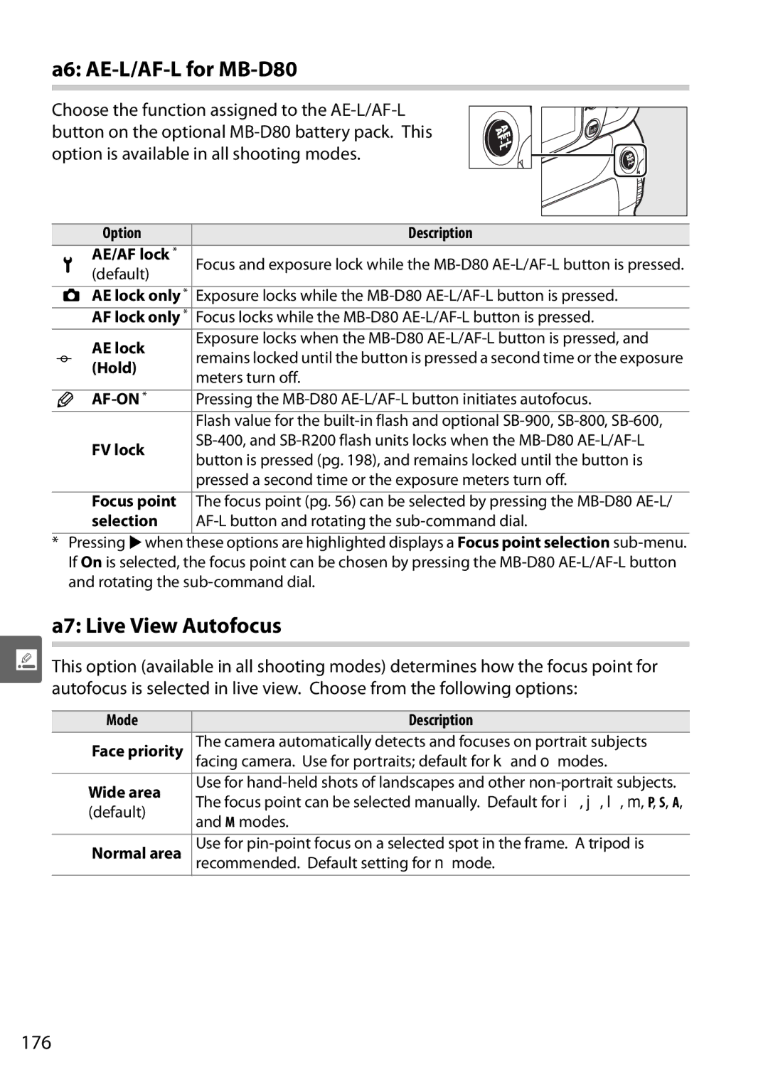 Nikon D90 user manual A6 AE-L/AF-L for MB-D80, A7 Live View Autofocus, 176 