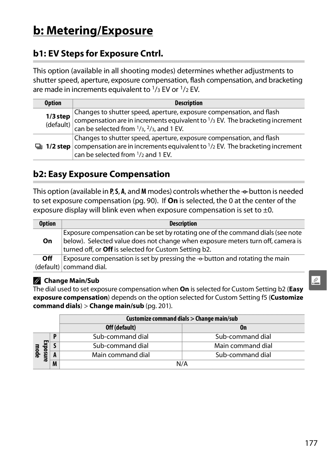 Nikon D90 user manual Metering/Exposure, B1 EV Steps for Exposure Cntrl, B2 Easy Exposure Compensation, 177 