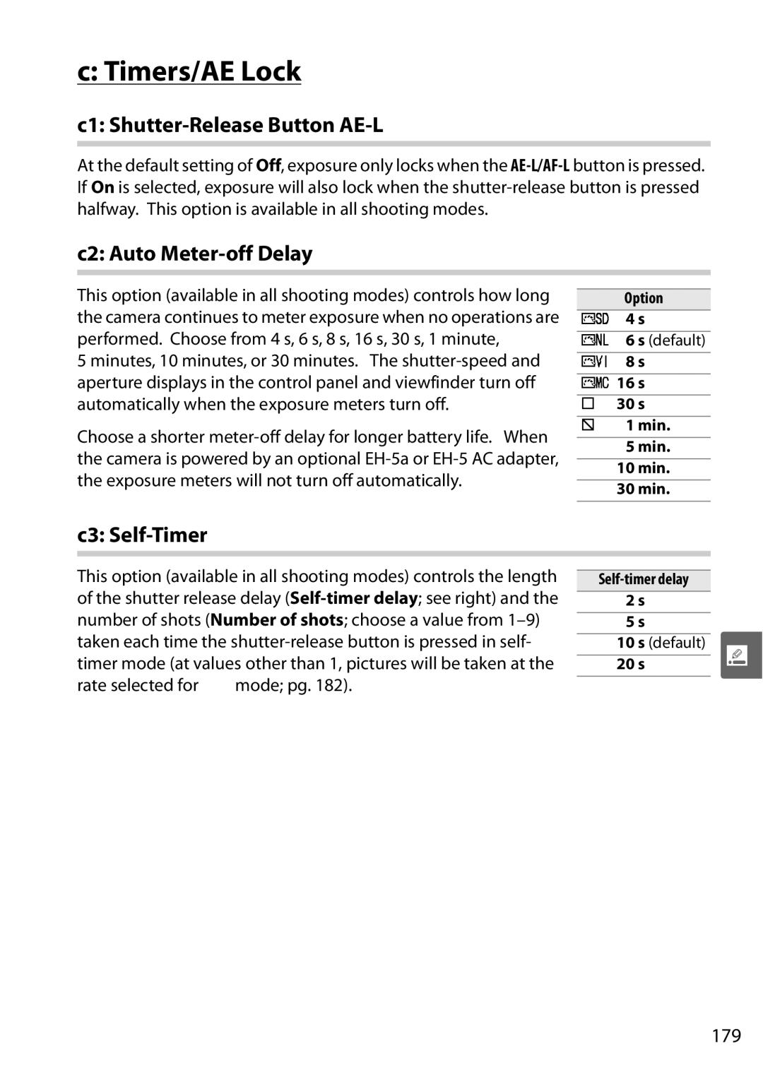 Nikon D90 user manual Timers/AE Lock, C1 Shutter-Release Button AE-L, C2 Auto Meter-off Delay, C3 Self-Timer, 179 