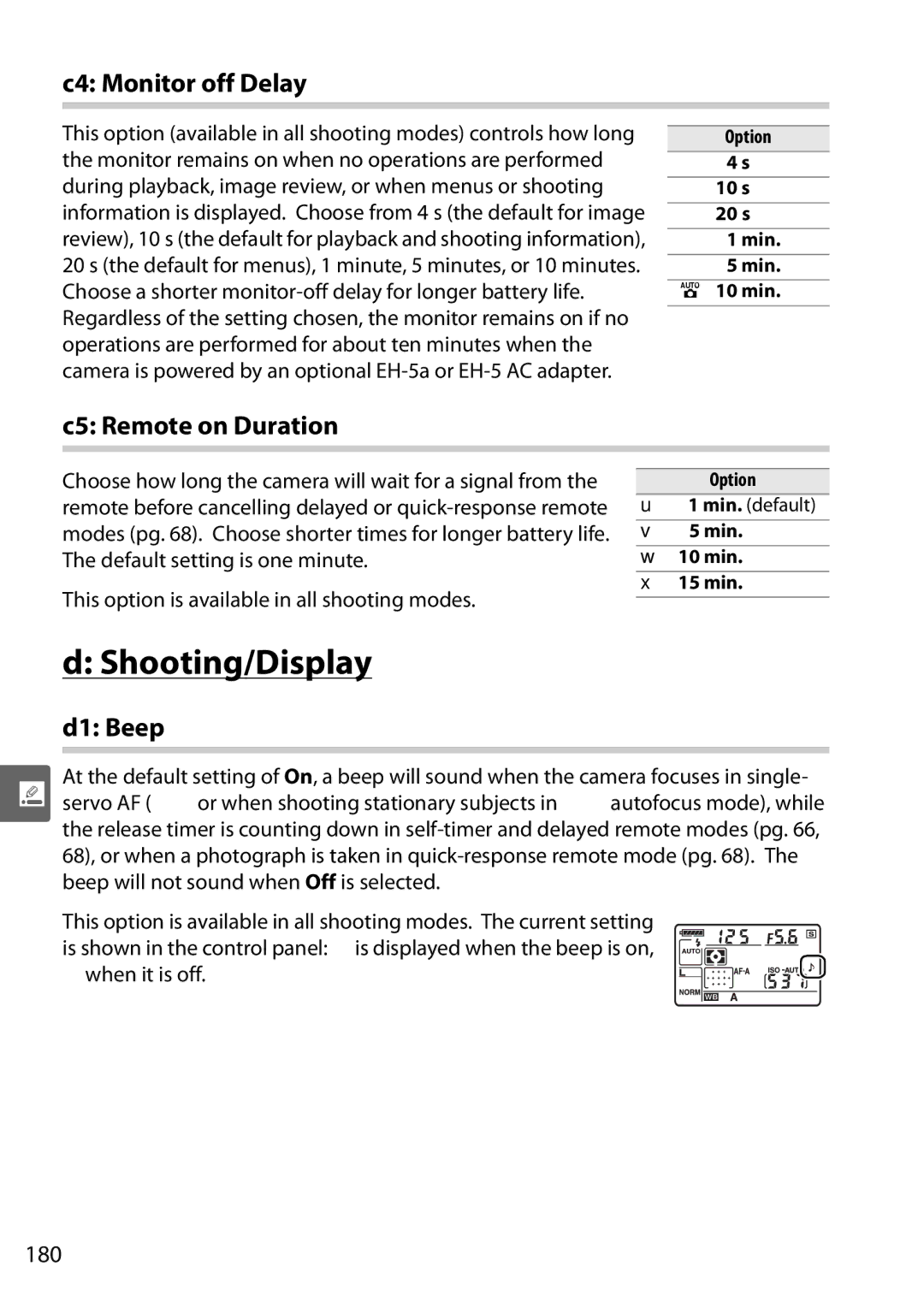 Nikon D90 user manual Shooting/Display, C4 Monitor off Delay, C5 Remote on Duration, D1 Beep, 180 