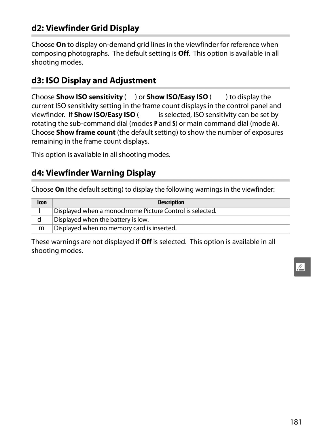 Nikon D90 D2 Viewfinder Grid Display, D3 ISO Display and Adjustment, D4 Viewfinder Warning Display, 181, Icon Description 