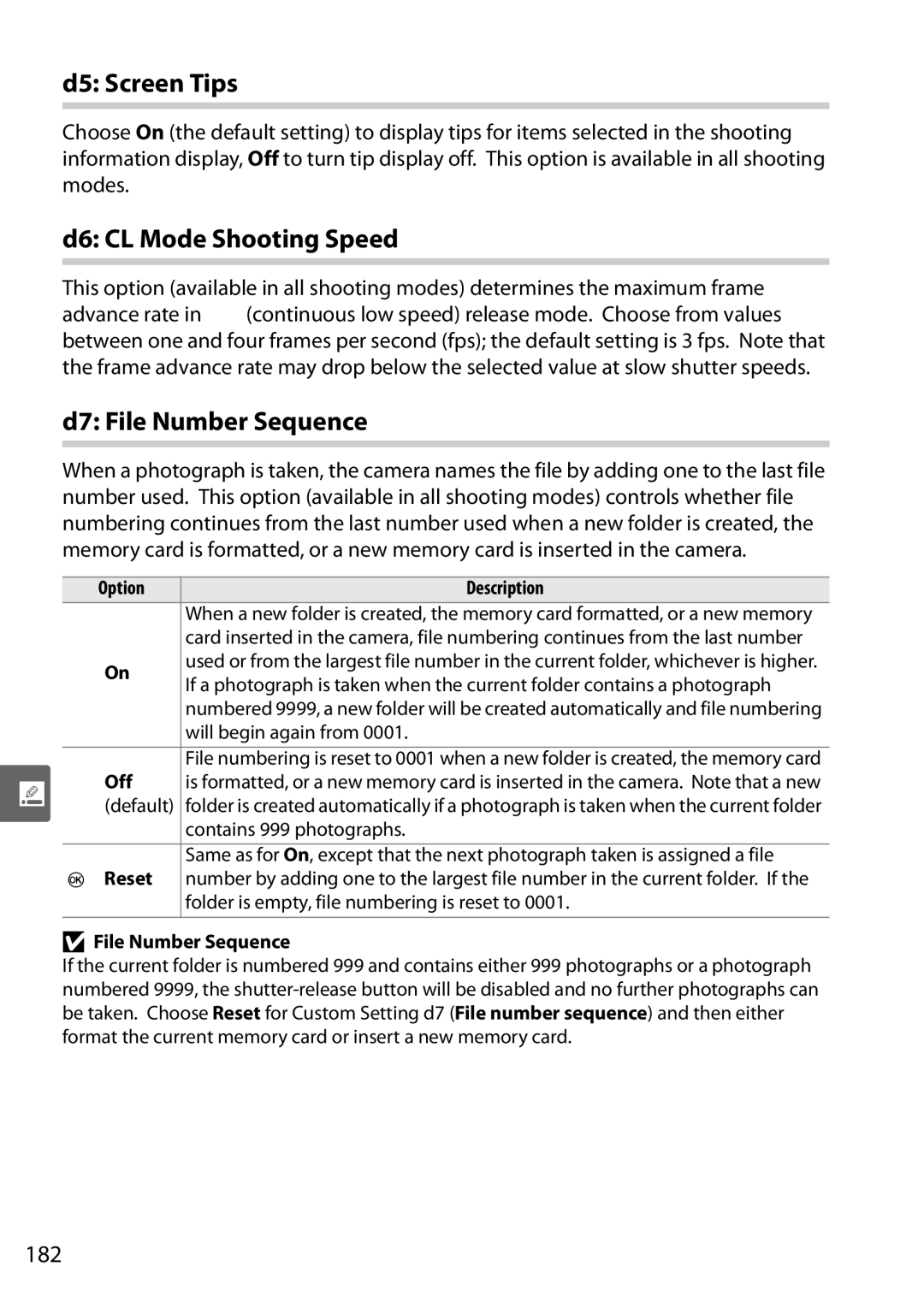 Nikon D90 user manual D5 Screen Tips, D6 CL Mode Shooting Speed, D7 File Number Sequence, 182 