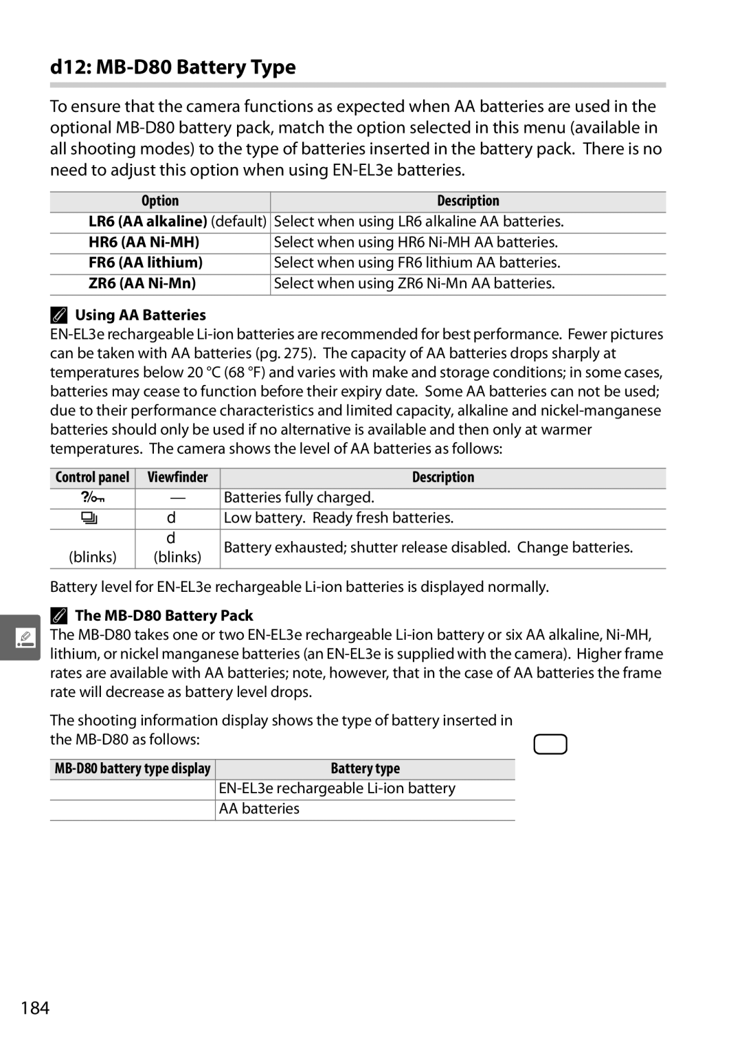 Nikon D90 user manual D12 MB-D80 Battery Type, 184 