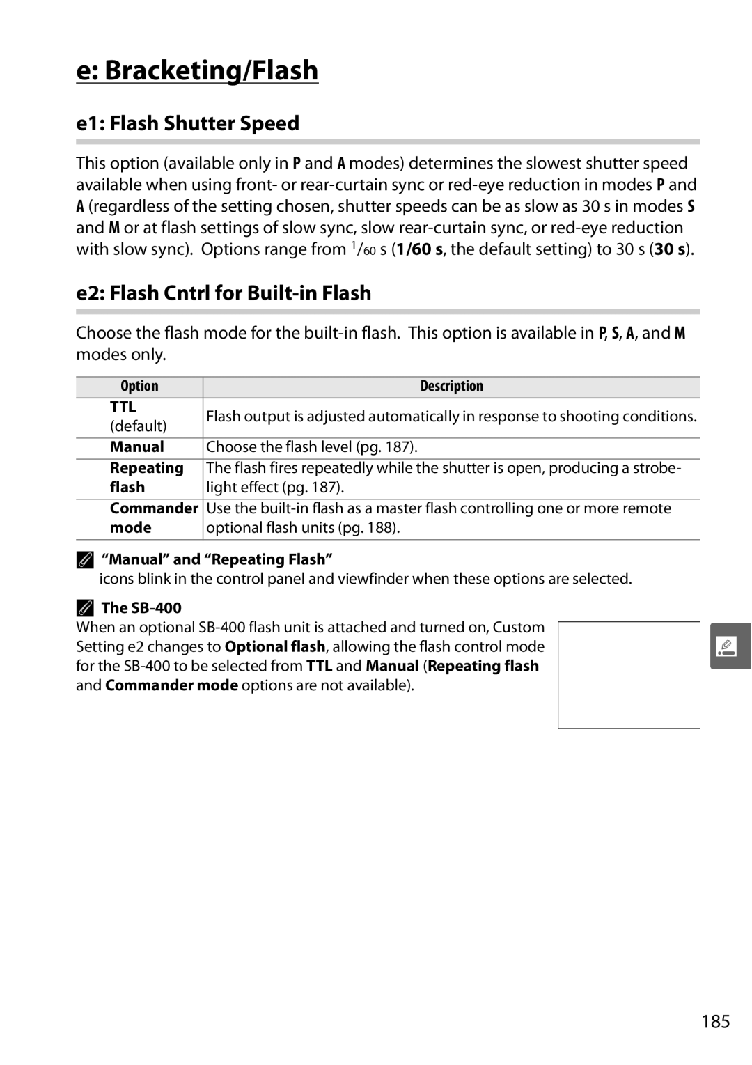 Nikon D90 user manual Bracketing/Flash, E1 Flash Shutter Speed, E2 Flash Cntrl for Built-in Flash, 185 