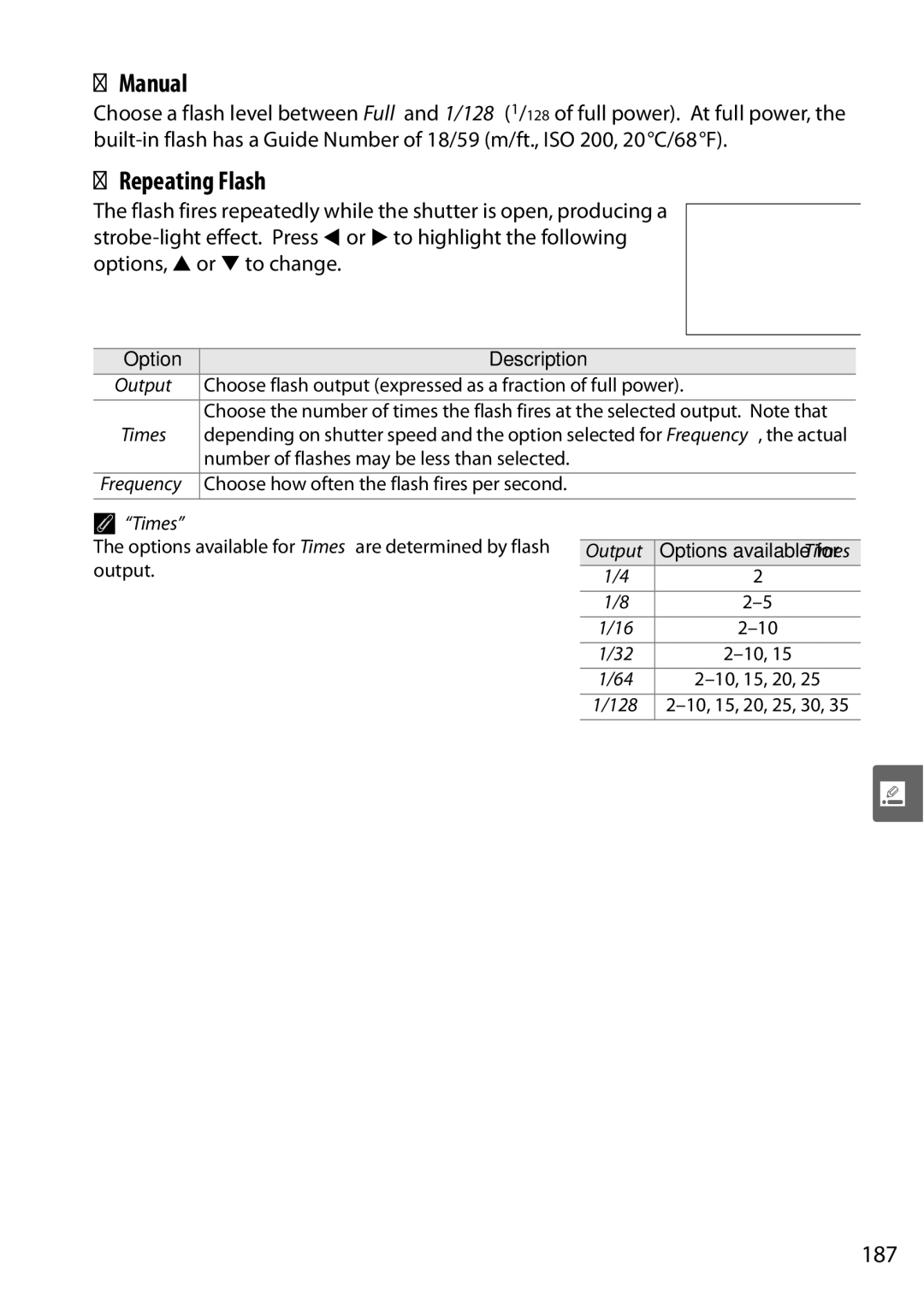 Nikon D90 user manual Manual, Repeating Flash, 187, Output, Times 