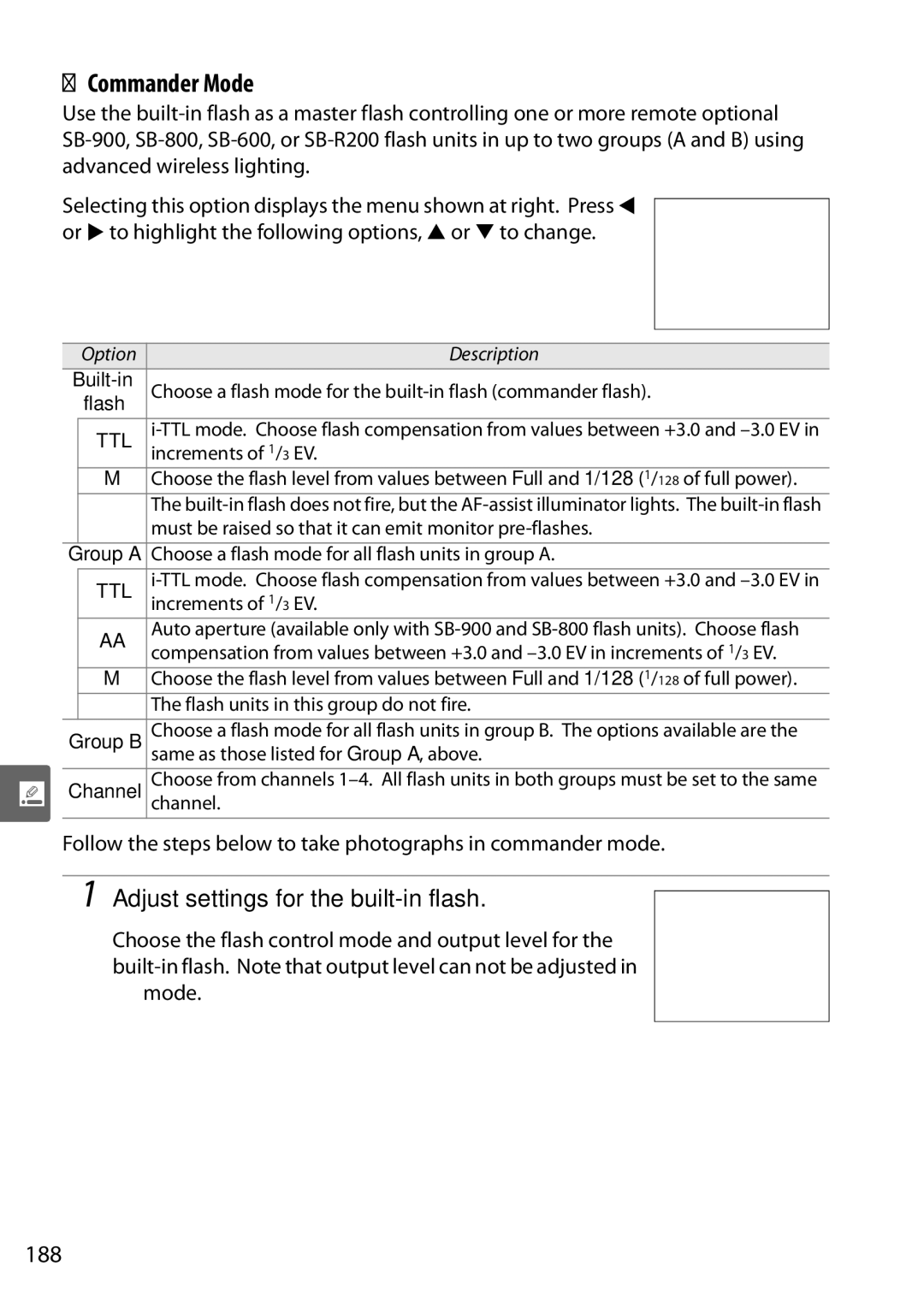 Nikon D90 user manual Commander Mode, Adjust settings for the built-in flash, 188 