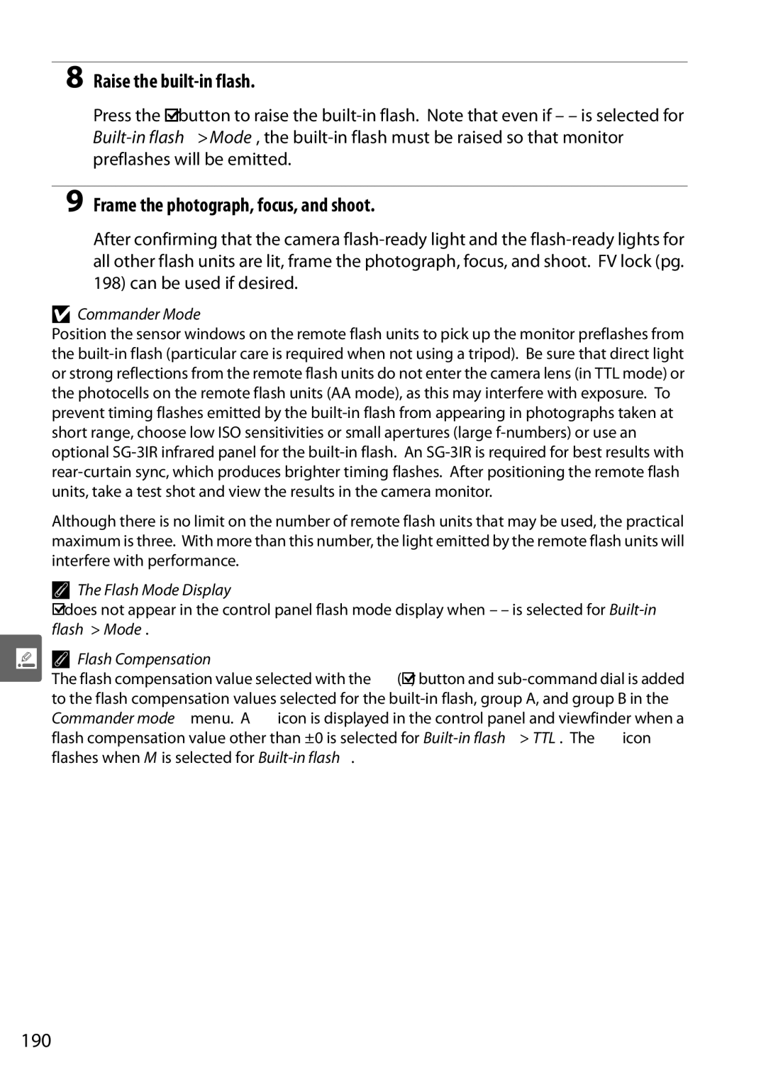 Nikon D90 user manual Raise the built-in flash, Frame the photograph, focus, and shoot, 190 