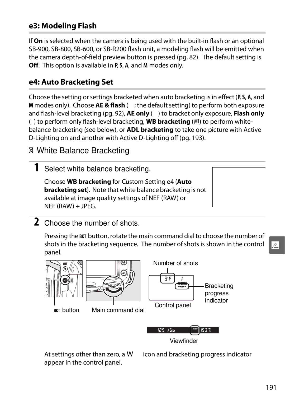 Nikon D90 E3 Modeling Flash, E4 Auto Bracketing Set, White Balance Bracketing, Select white balance bracketing, 191 