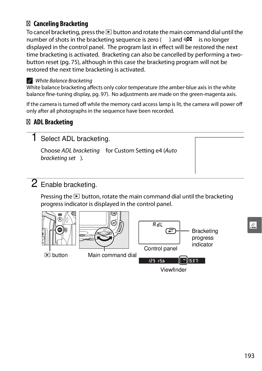 Nikon D90 user manual Canceling Bracketing, ADL Bracketing, Select ADL bracketing, Enable bracketing, 193 