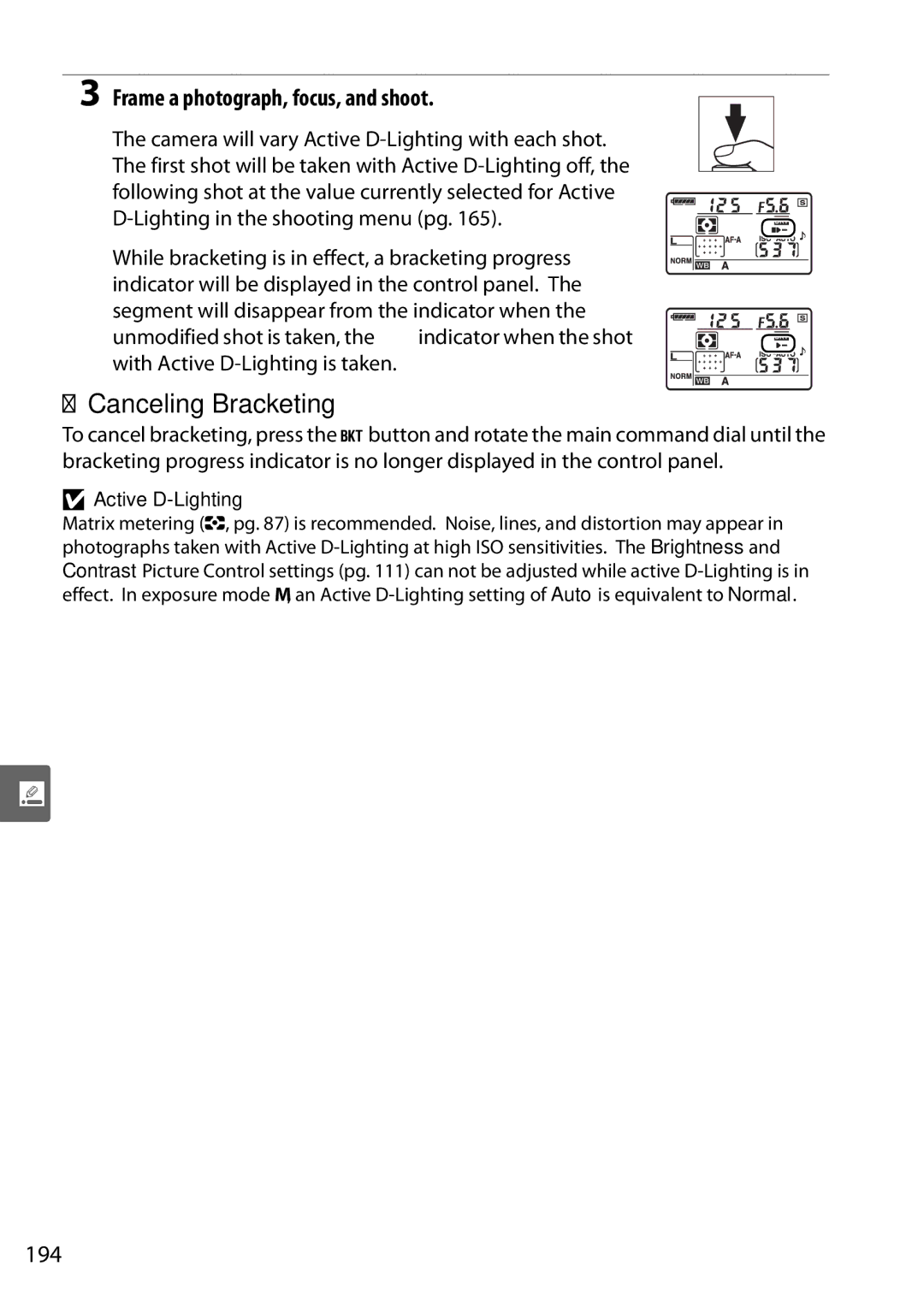 Nikon D90 user manual 194, Active D-Lighting 