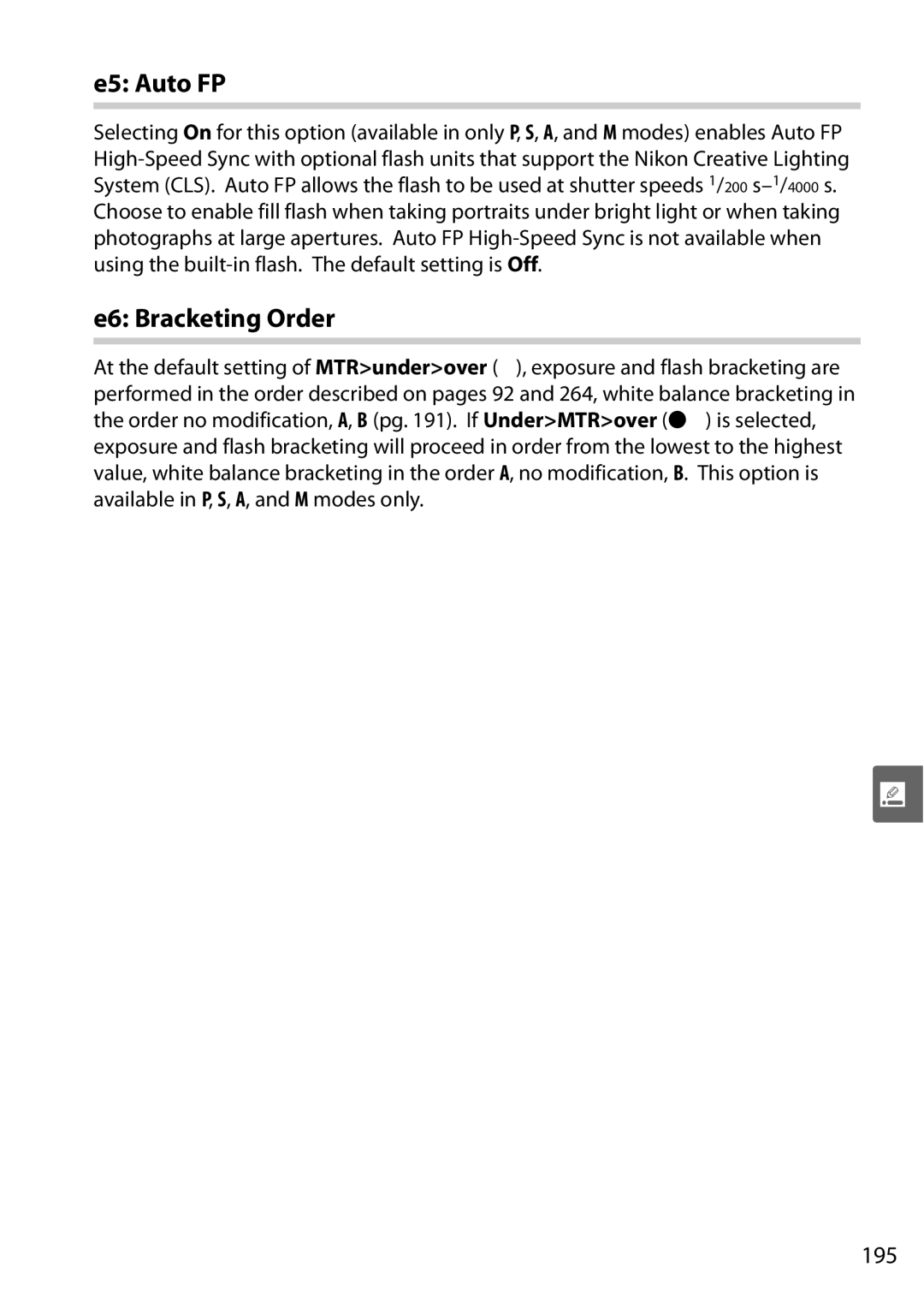 Nikon D90 user manual E5 Auto FP, E6 Bracketing Order, 195 