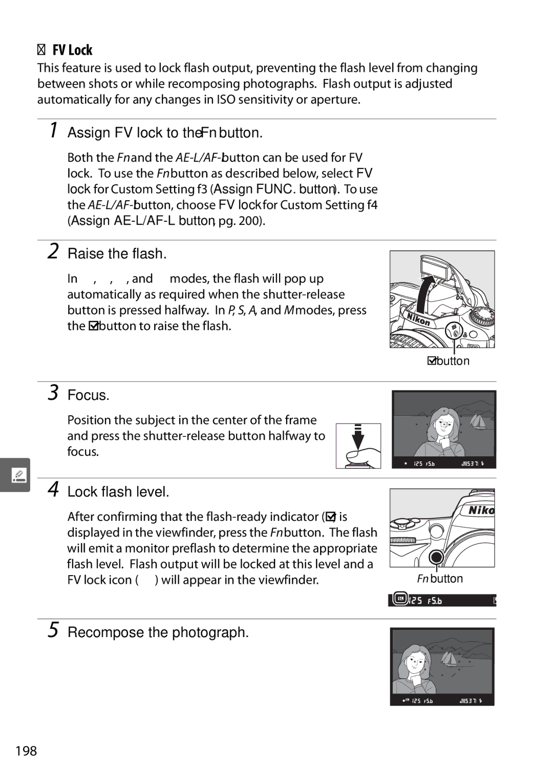 Nikon D90 user manual FV Lock, Assign FV lock to the Fn button, Lock flash level, 198 