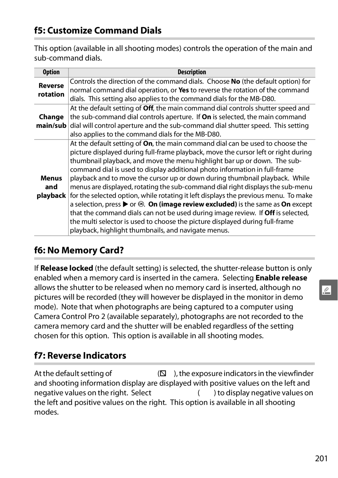 Nikon D90 user manual F5 Customize Command Dials, F6 No Memory Card?, F7 Reverse Indicators, 201, Rotation 