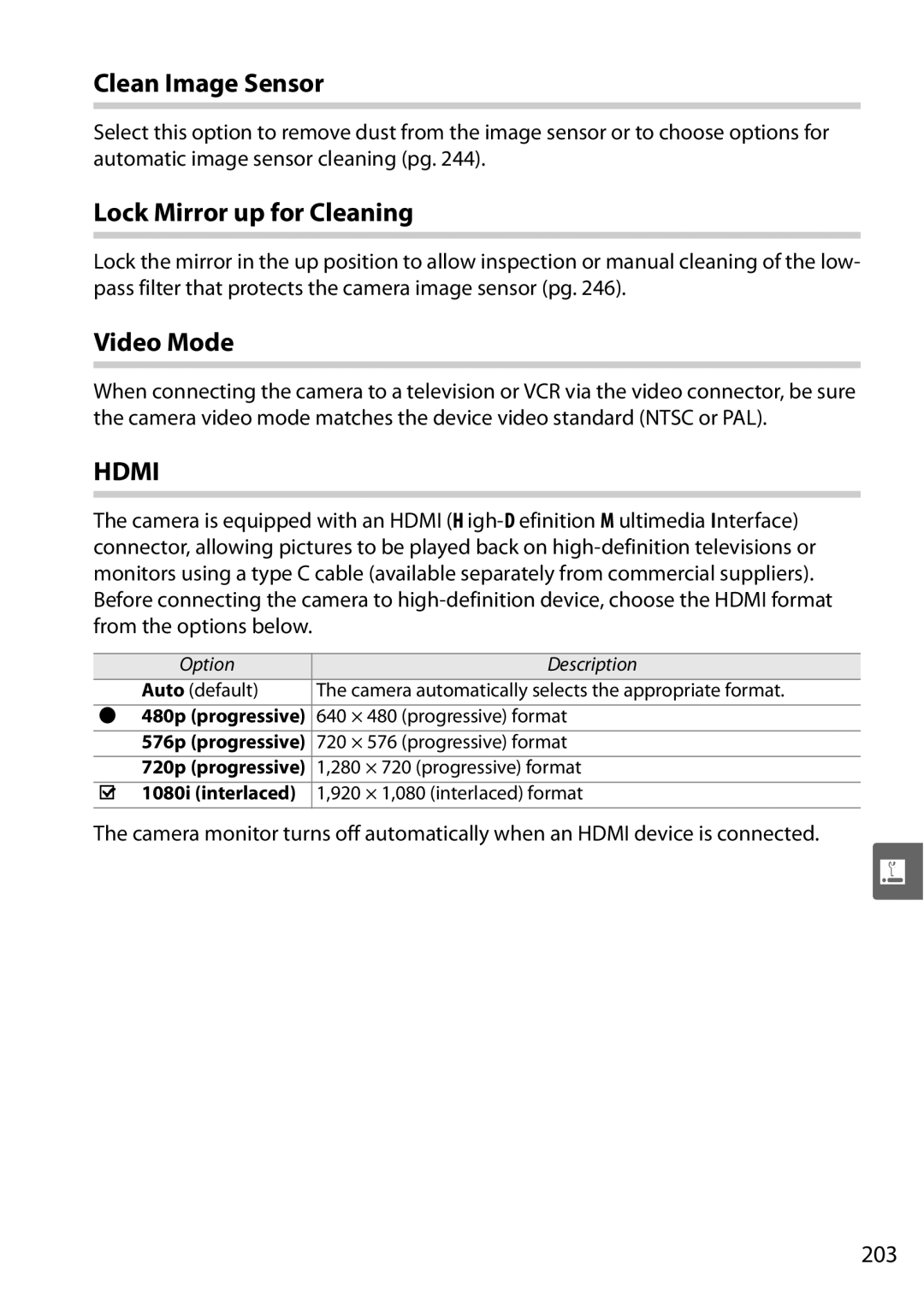 Nikon D90 user manual Clean Image Sensor, Lock Mirror up for Cleaning, Video Mode, 203 