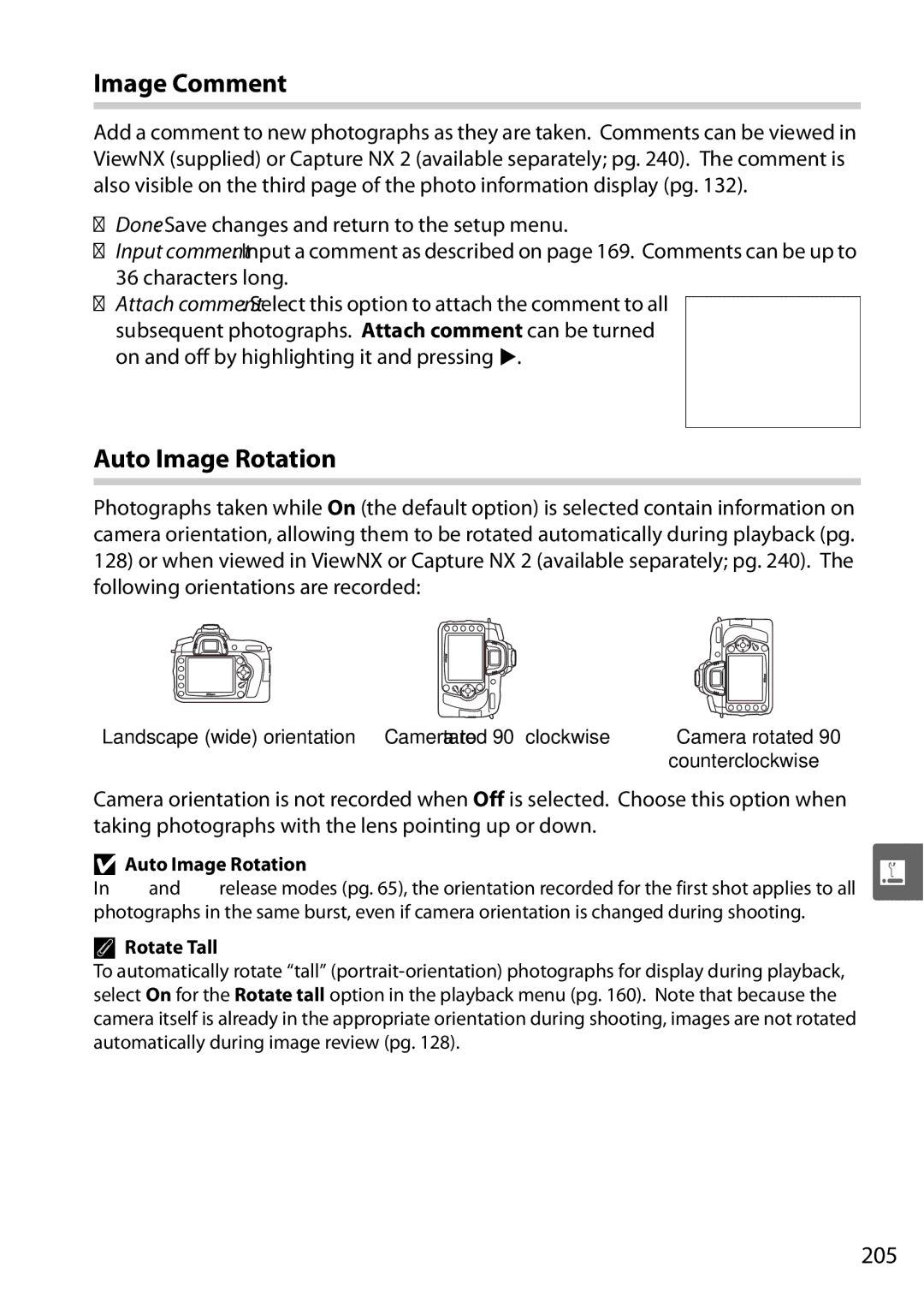 Nikon D90 user manual Image Comment, Auto Image Rotation, 205, Automatically during image review pg 