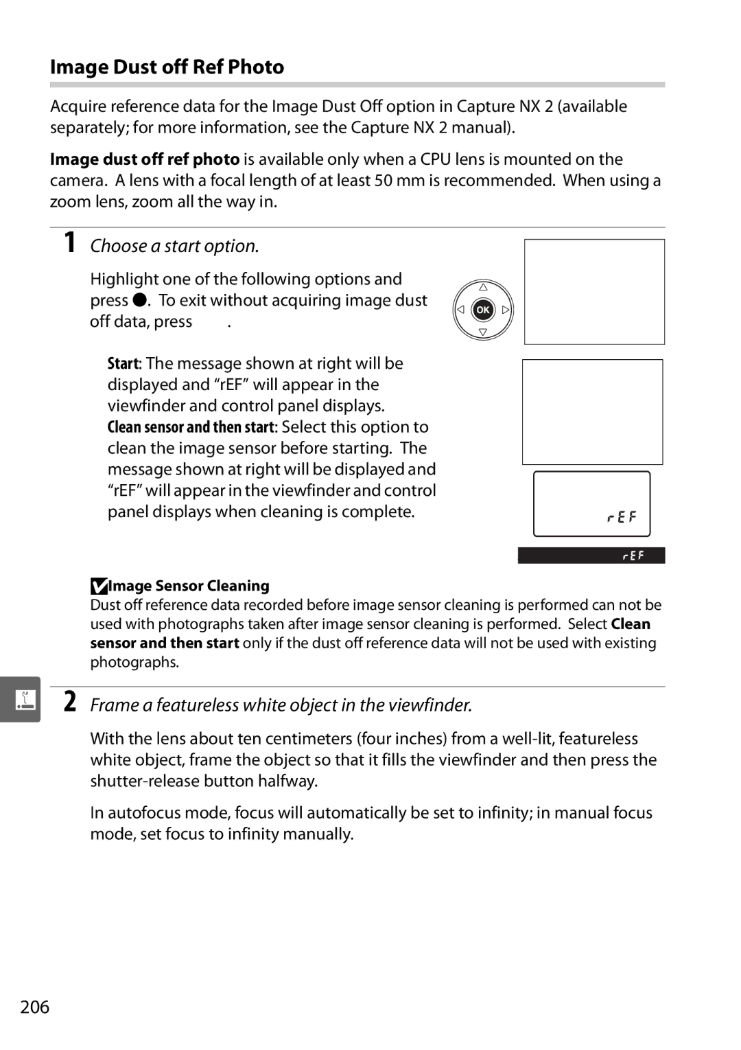 Nikon D90 Image Dust off Ref Photo, Choose a start option, Frame a featureless white object in the viewfinder, 206 