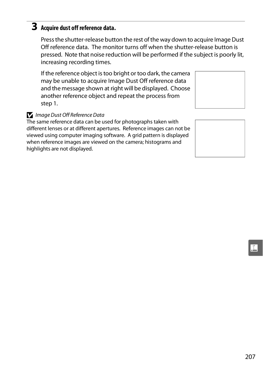 Nikon D90 user manual Acquire dust off reference data, 207, Image Dust Off Reference Data 