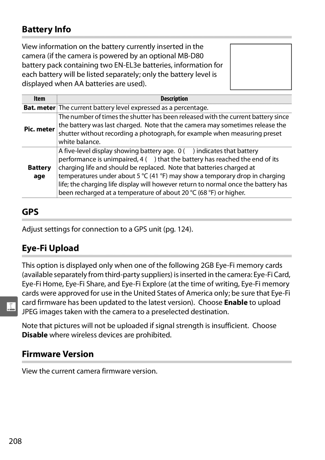 Nikon D90 user manual Battery Info, Eye-Fi Upload, Firmware Version, 208 