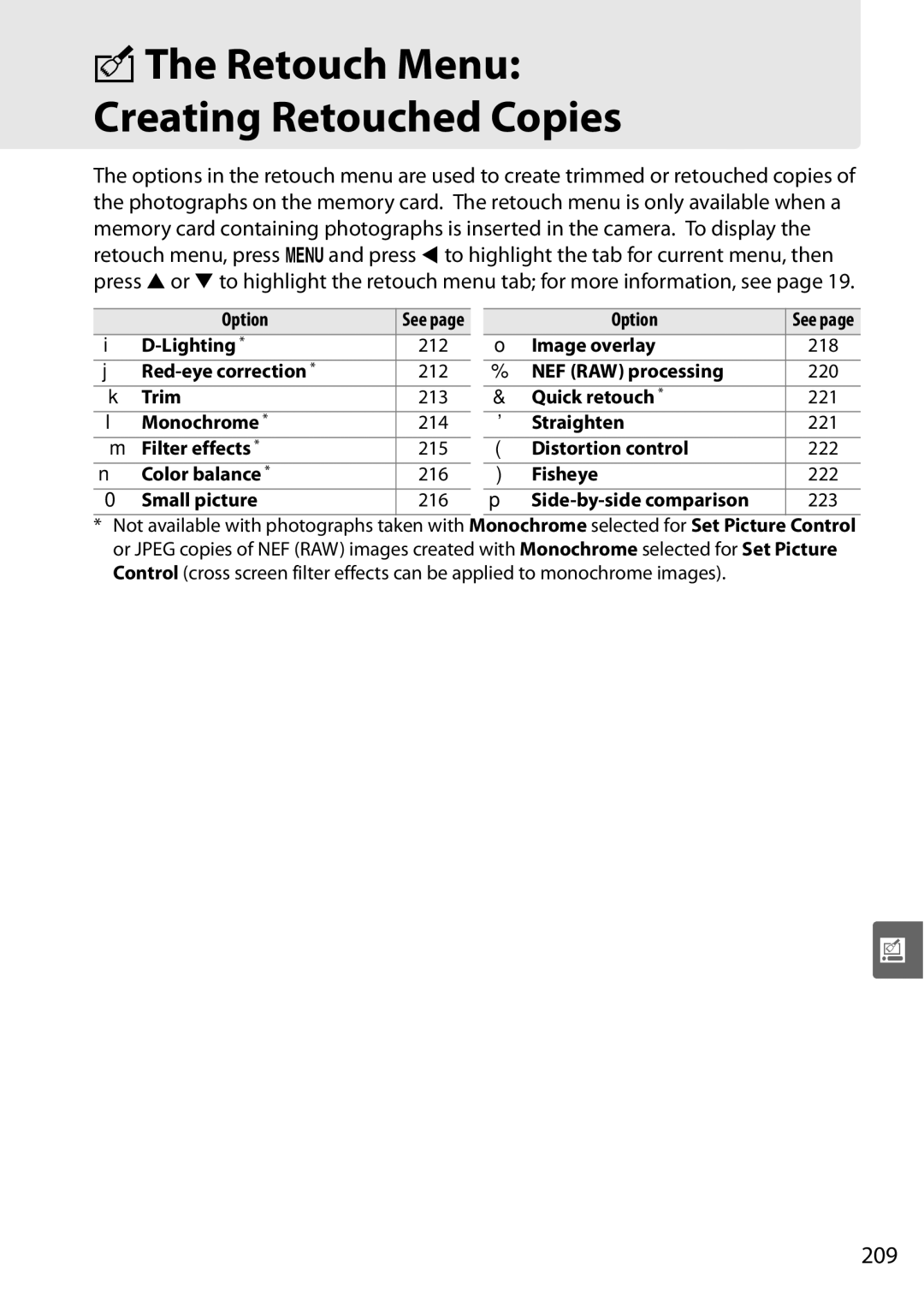 Nikon D90 user manual NThe Retouch Menu Creating Retouched Copies, 209 