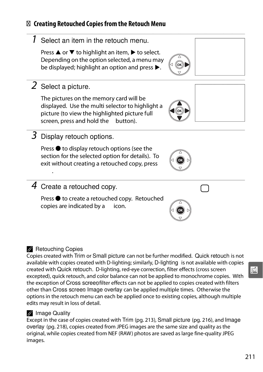 Nikon D90 Creating Retouched Copies from the Retouch Menu, Select an item in the retouch menu, Display retouch options 