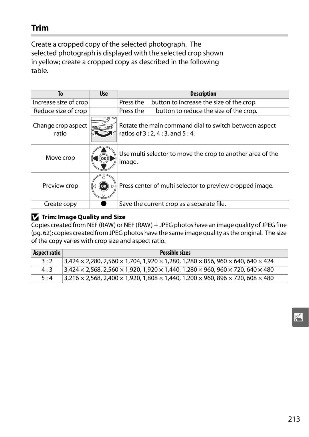 Nikon D90 user manual 213, Trim Image Quality and Size, Possible sizes 