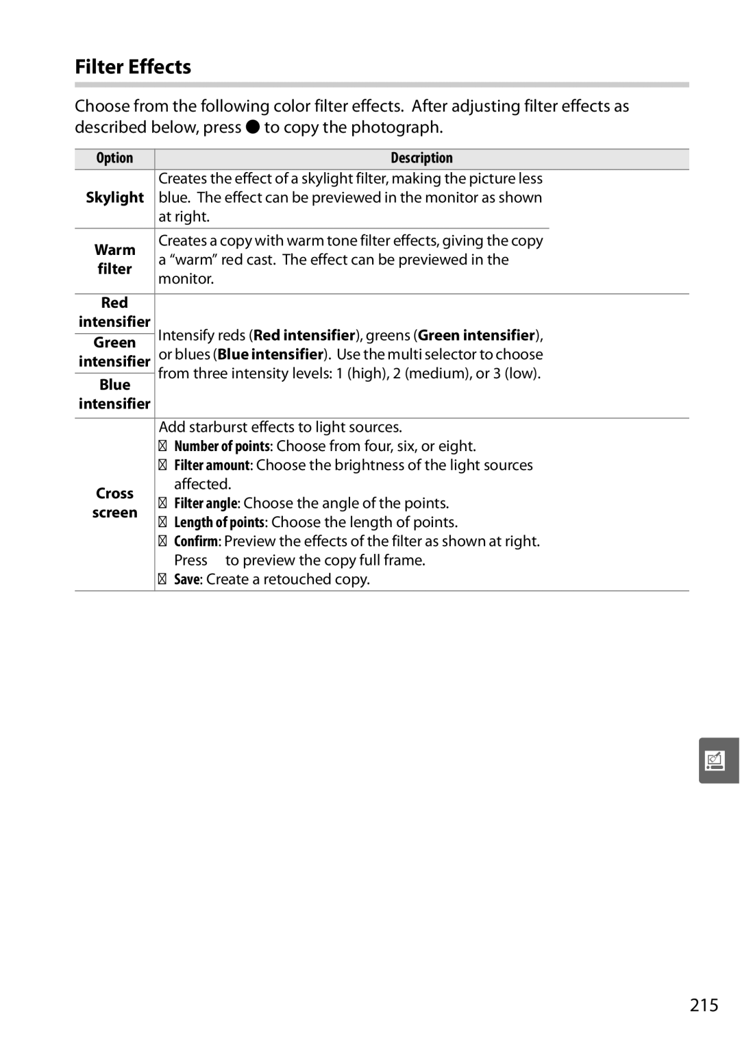 Nikon D90 user manual Filter Effects, 215, Intensify reds Red intensifier , greens Green intensifier 