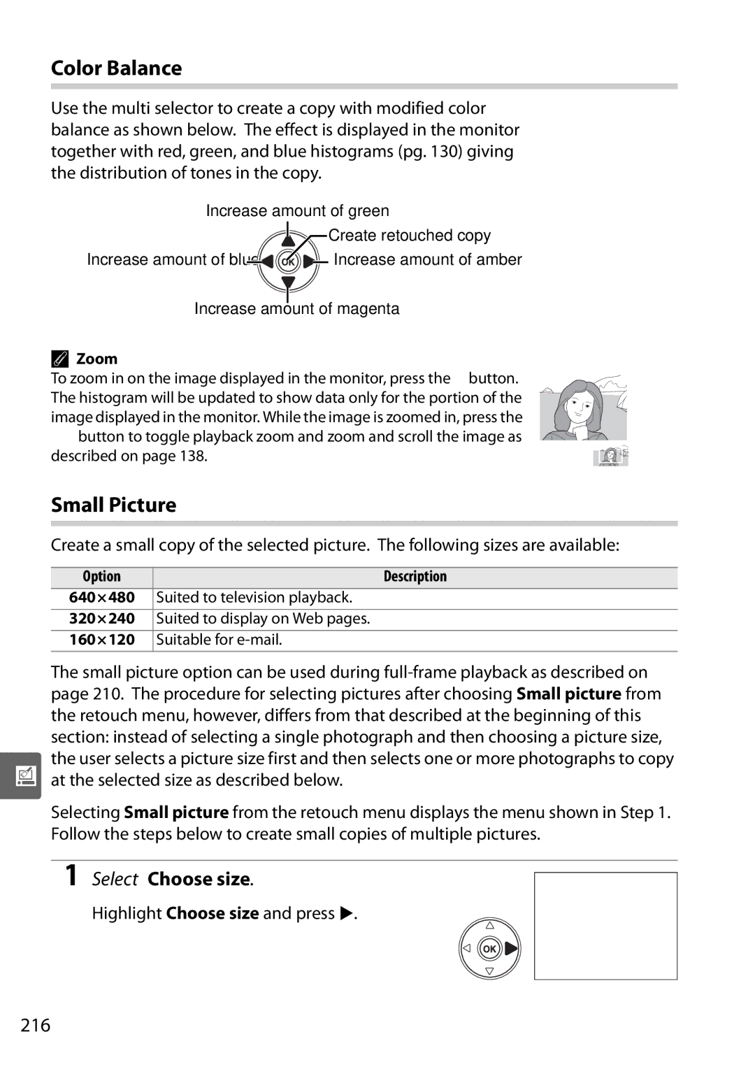 Nikon D90 user manual Color Balance, Small Picture, Select Choose size, 216, Highlight Choose size and press 