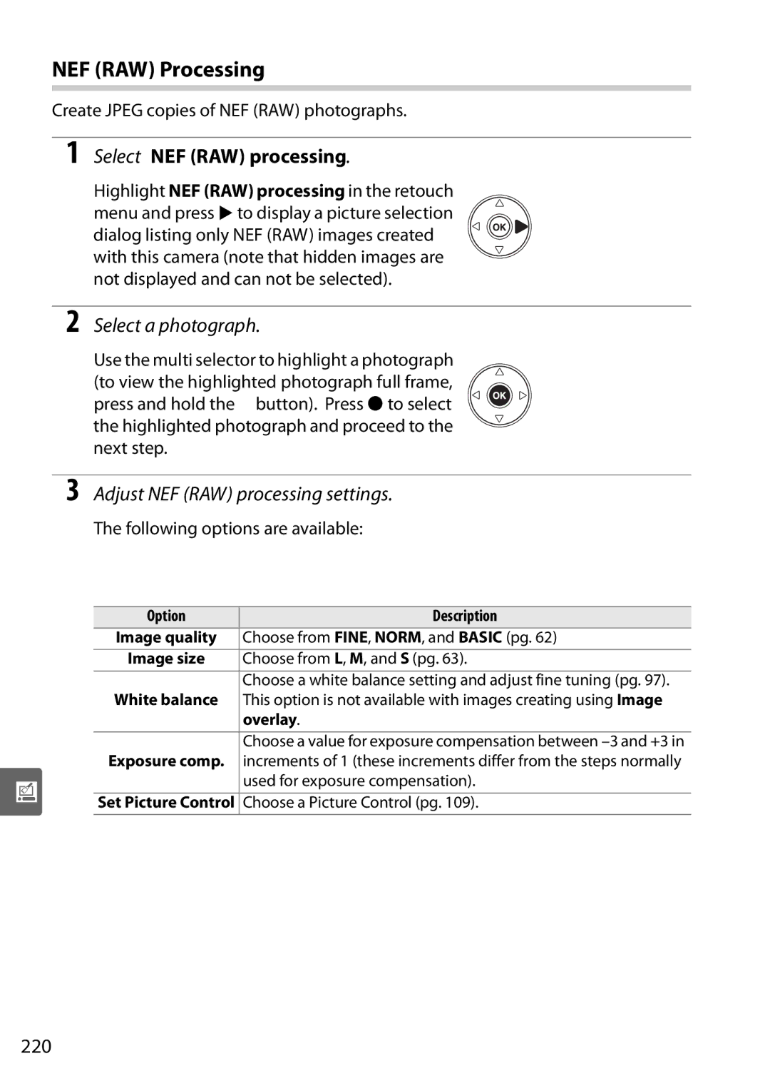 Nikon D90 NEF RAW Processing, Select NEF RAW processing, Select a photograph, Adjust NEF RAW processing settings, 220 