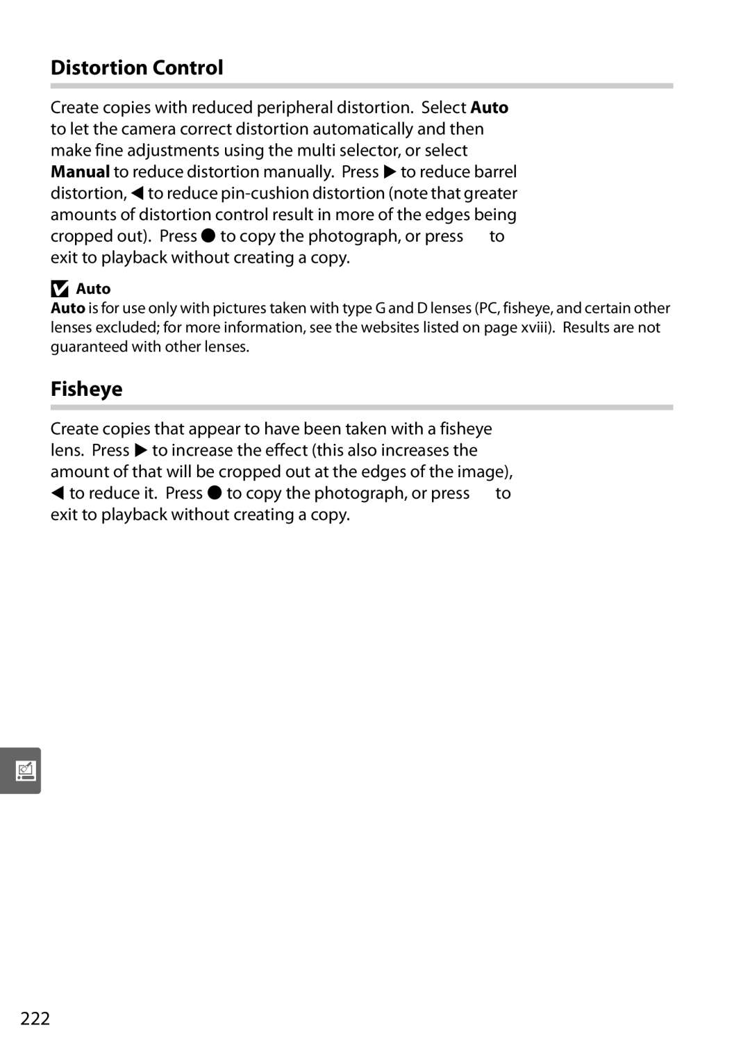 Nikon D90 user manual Distortion Control, Fisheye, 222 