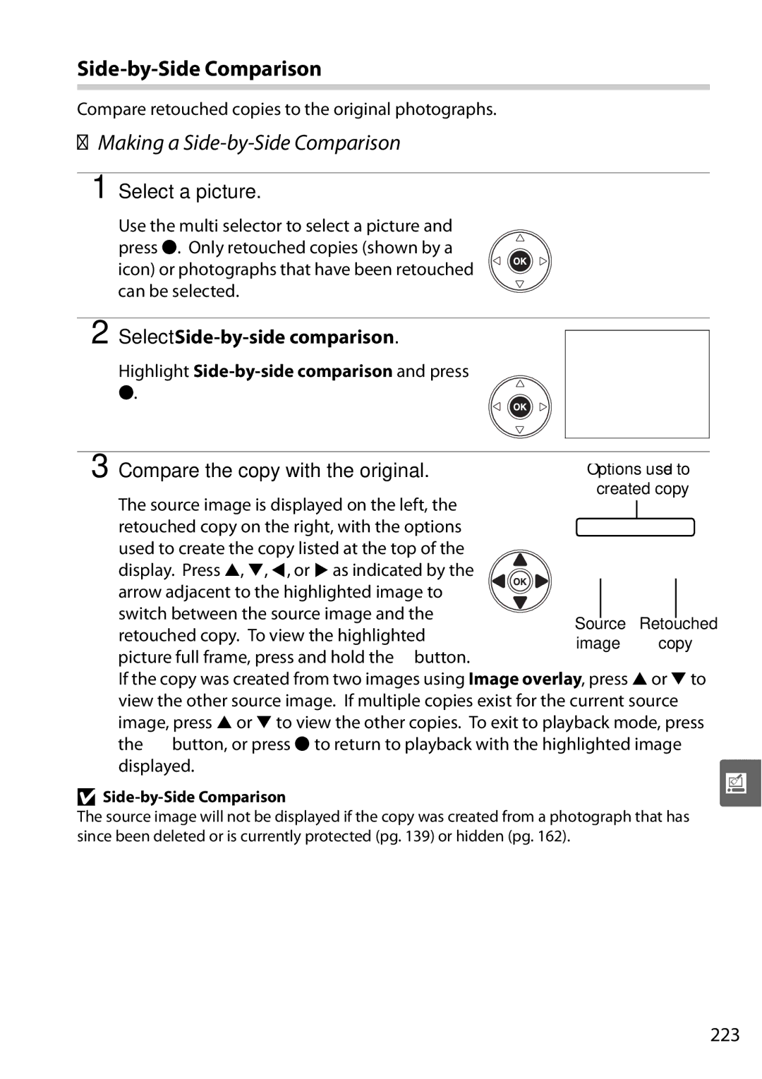 Nikon D90 Making a Side-by-Side Comparison, Select Side-by-side comparison, Compare the copy with the original, 223 