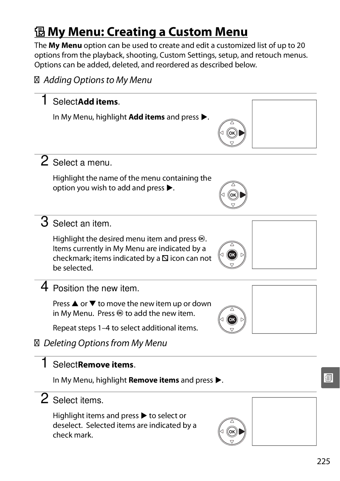 Nikon D90 user manual OMy Menu Creating a Custom Menu, Adding Options to My Menu, Deleting Options from My Menu 