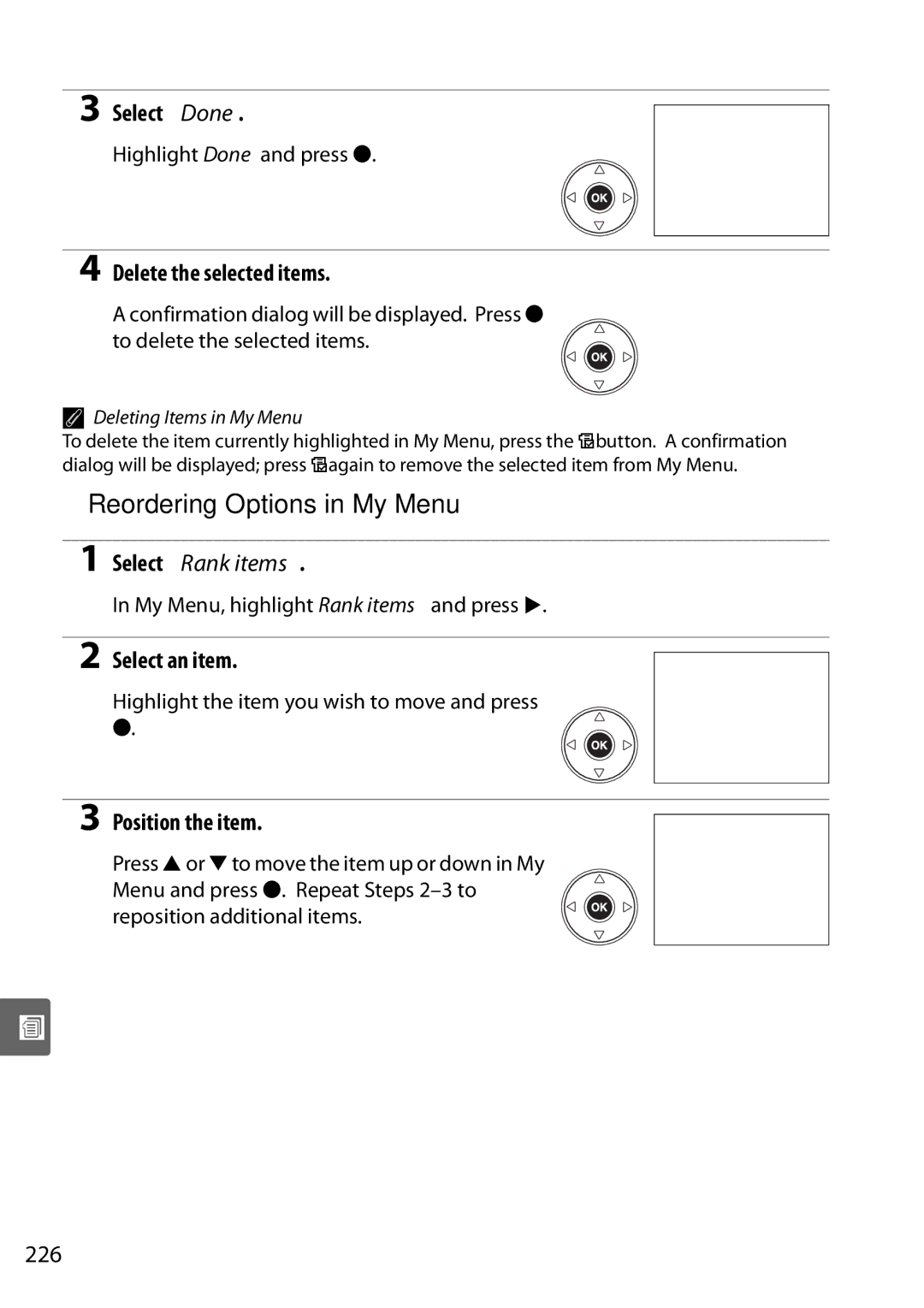 Nikon D90 user manual Reordering Options in My Menu, Delete the selected items, Select Rank items, Position the item, 226 